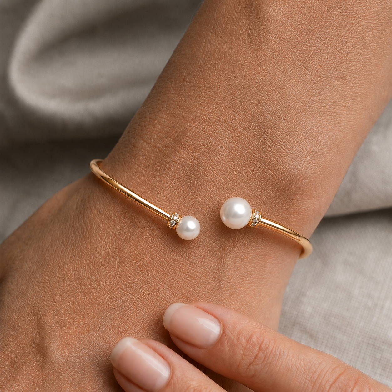 Freshwater Pearl Open Bangle Bracelet in 14K Gold