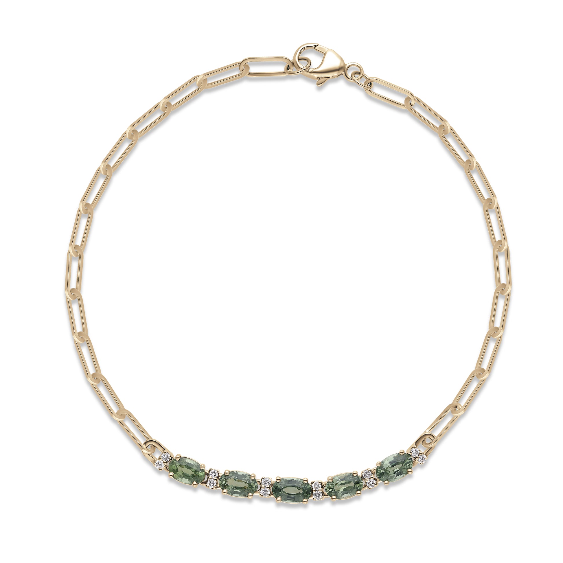 Green Sapphire Paperclip Link Bracelet in 14K Gold