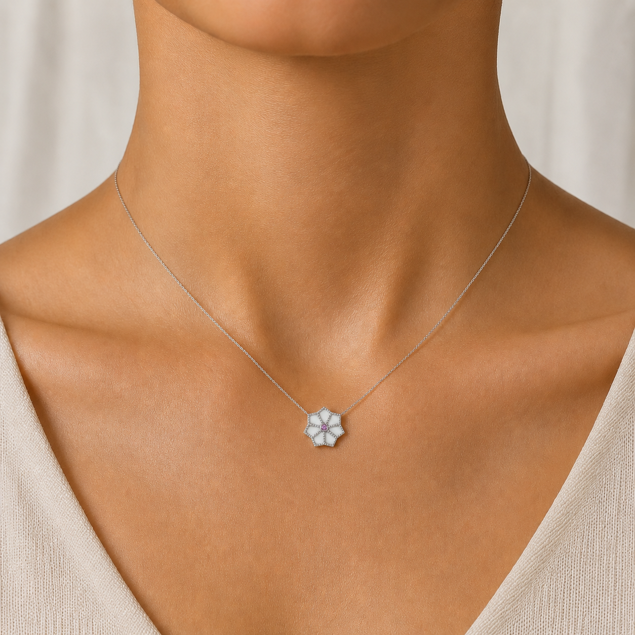 Mother of Pearl Necklace with Pink Sapphire in 14K Gold