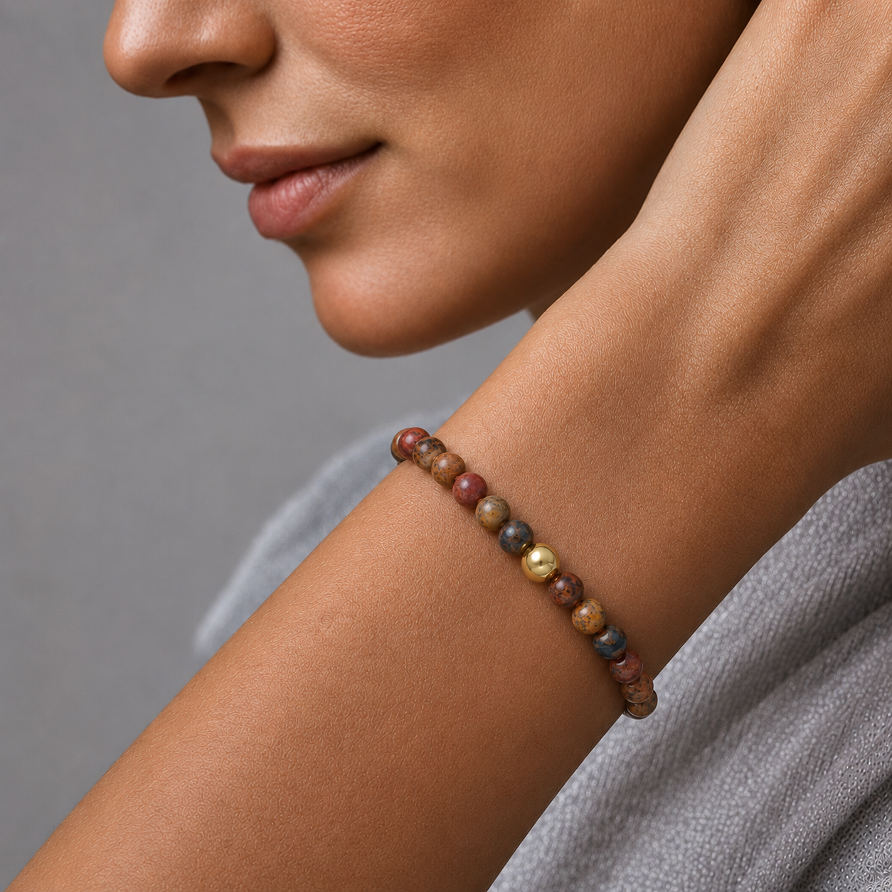 Leopard Jasper Bead Bracelet In 14K Gold
