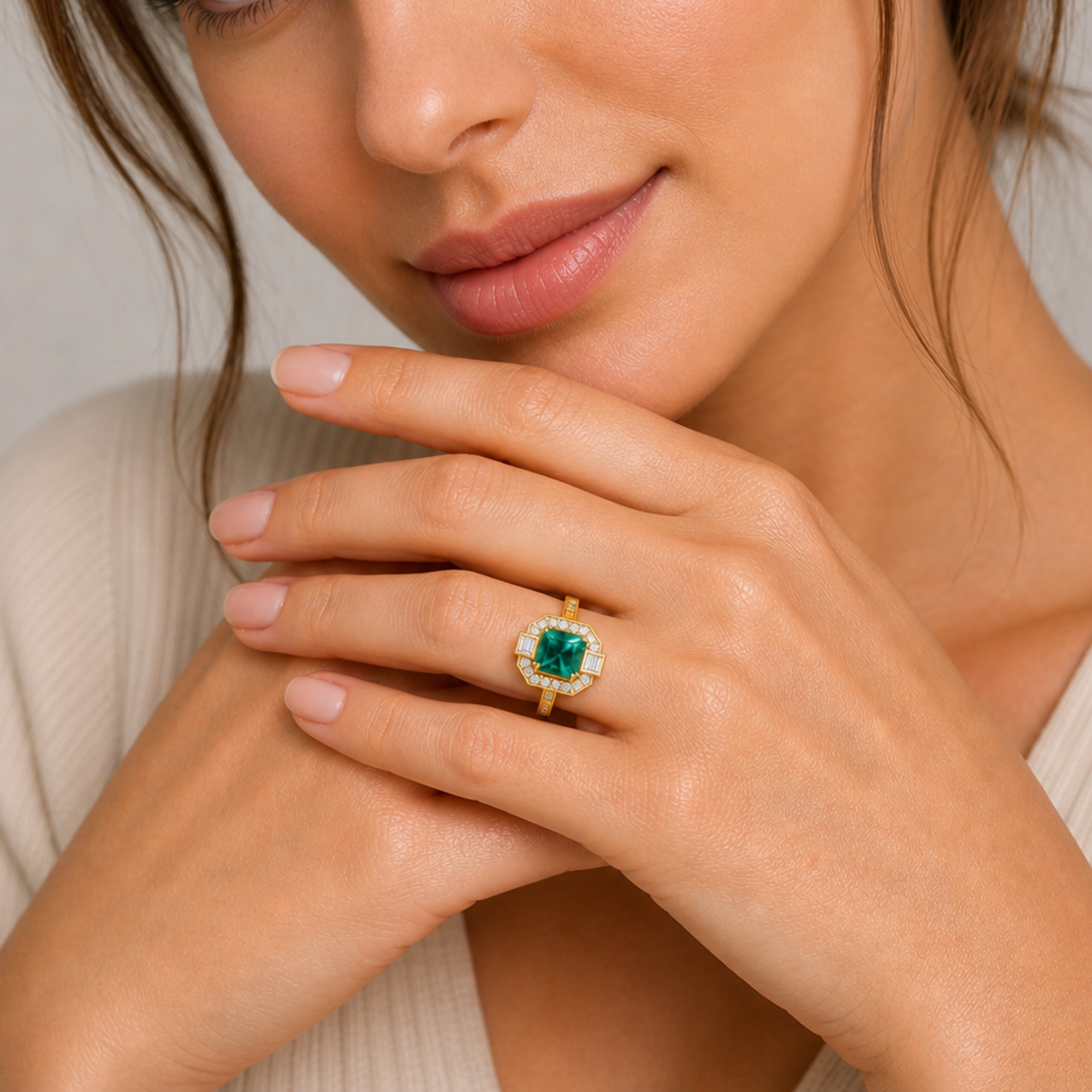 Emerald Cushion Prestige Ring In 14K Gold