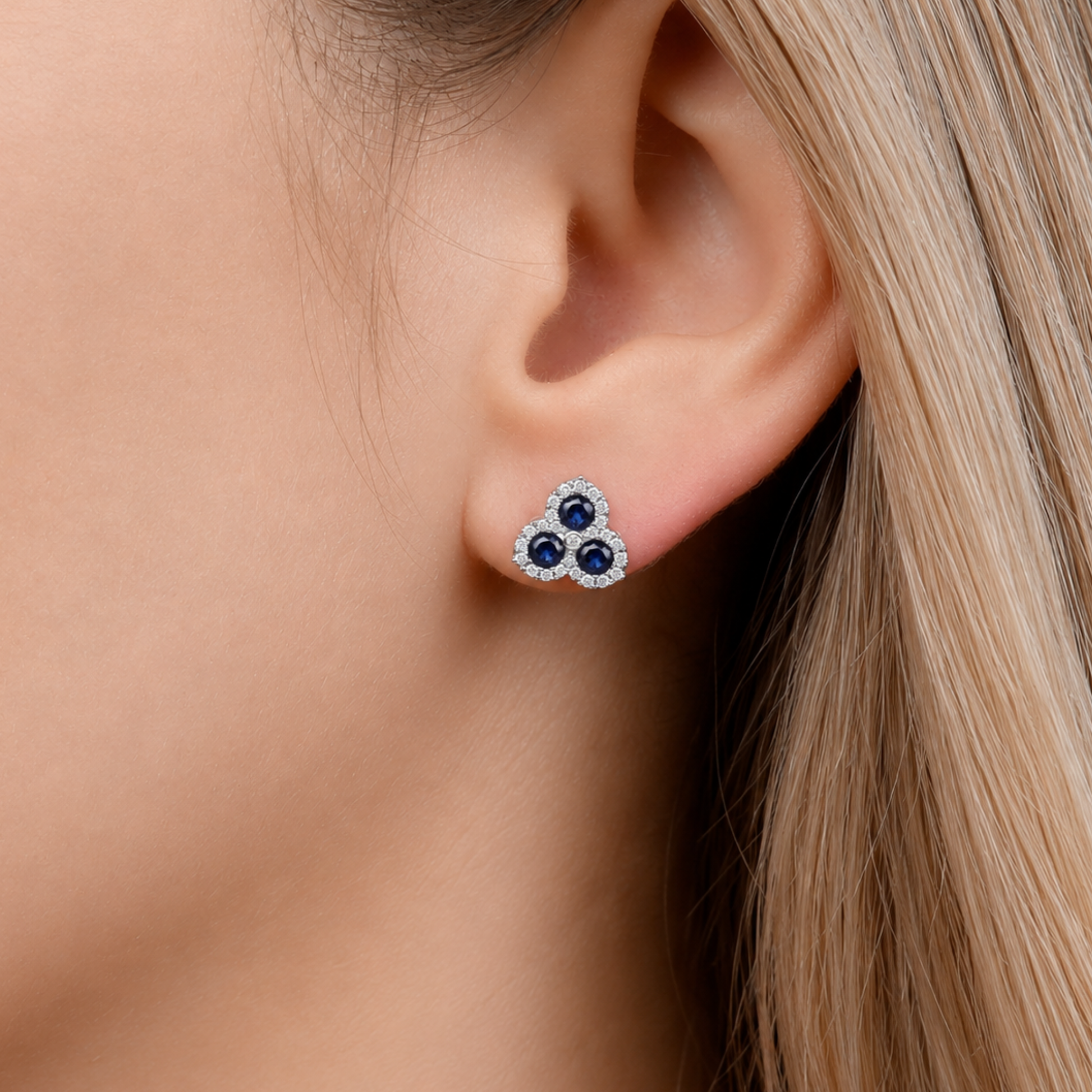 Blue Sapphire Trinity Diamond Halo Stud Earrings In 18K Gold
