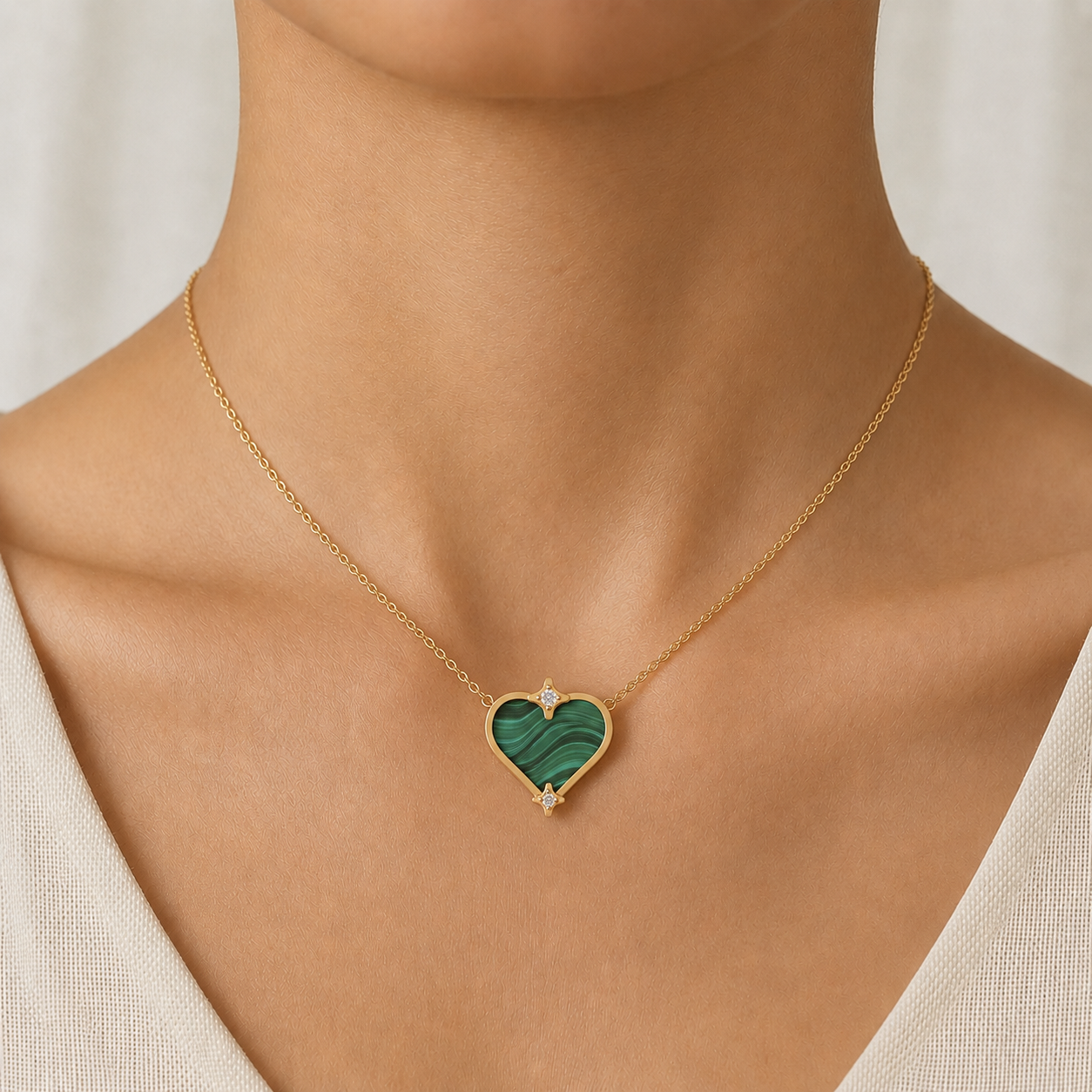 Malachite Heart Charm Necklace In 14K Gold