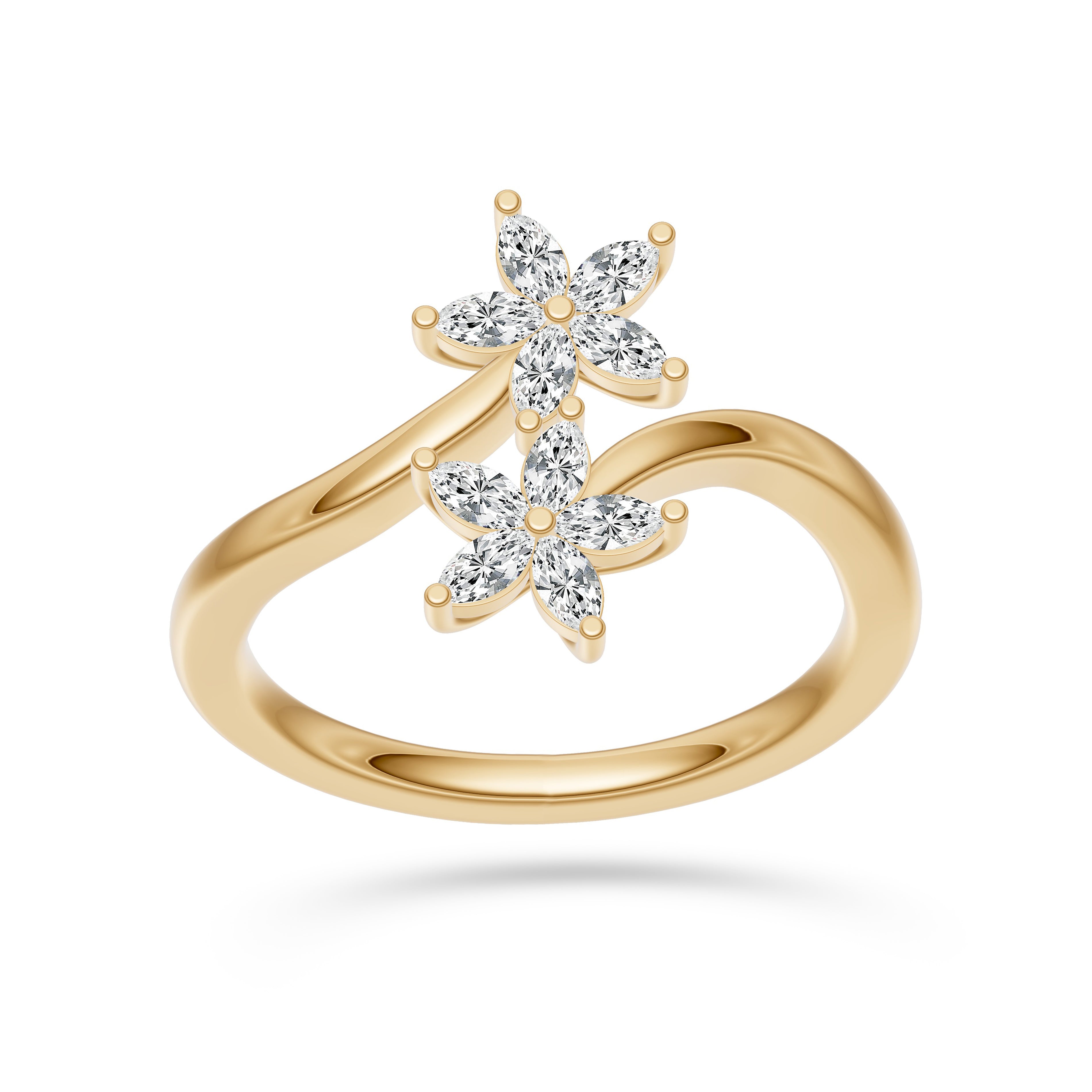Marquise Diamond Double Flower Ring In 14K Gold