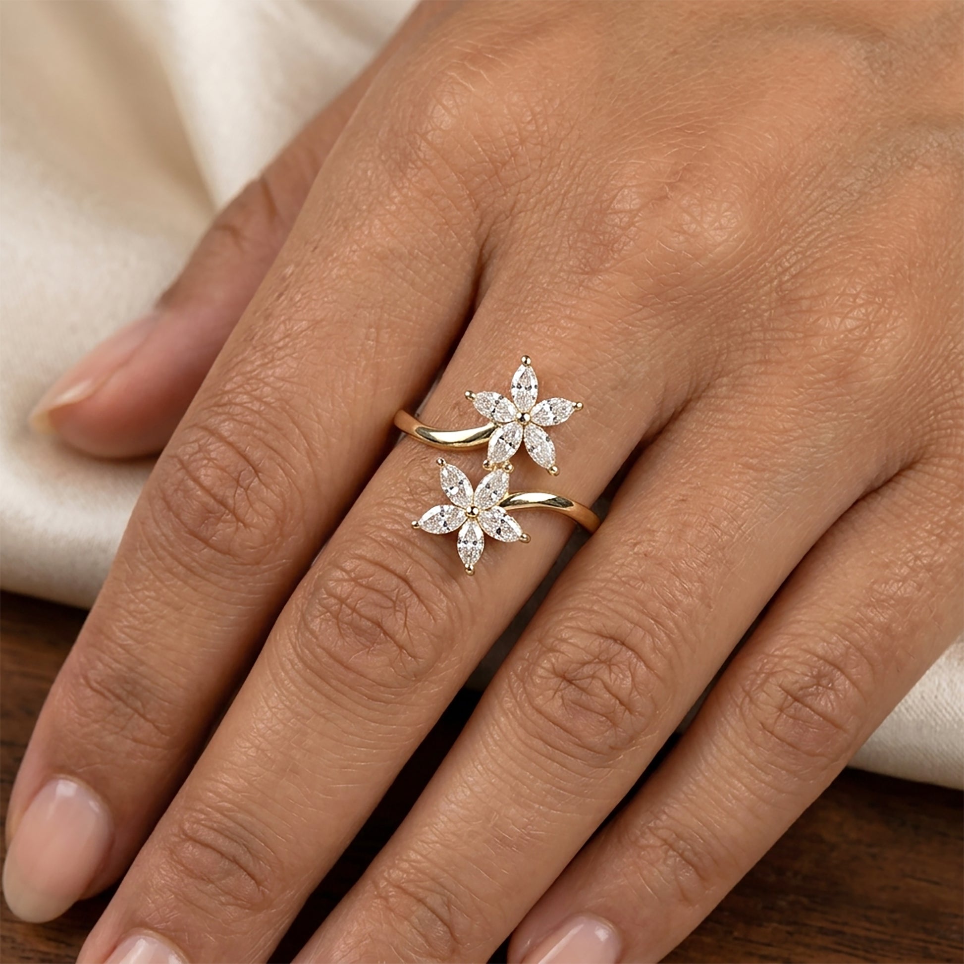 Marquise Diamond Double Flower Ring In 14K Gold