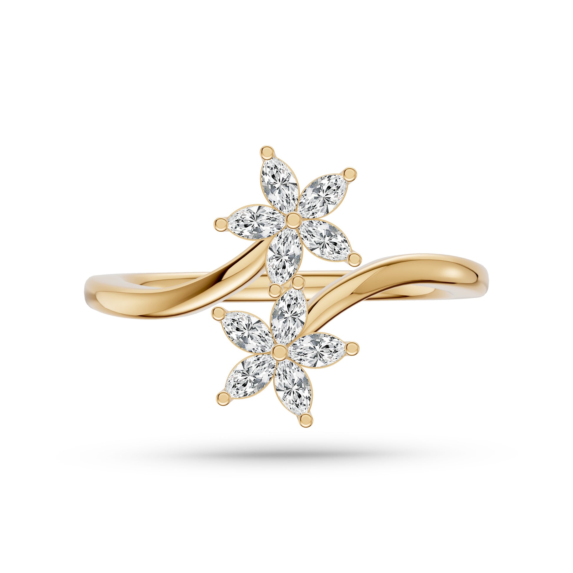 Marquise Diamond Double Flower Ring In 14K Gold
