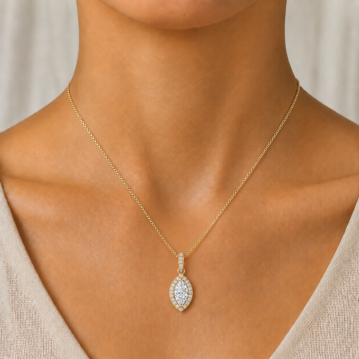 Marquise Diamond Halo Necklace in 14K Gold