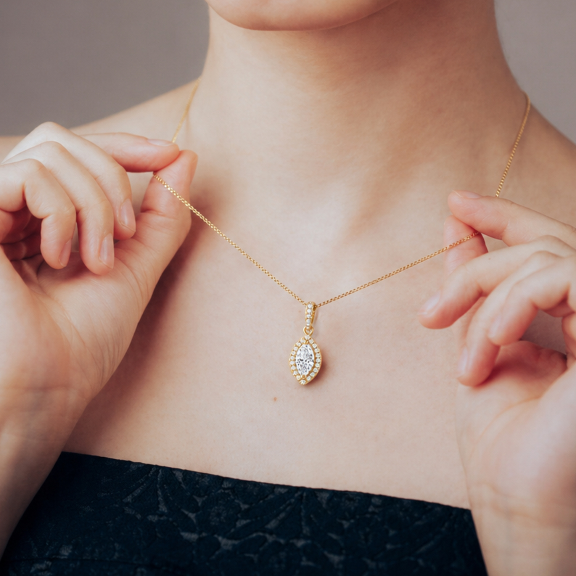Marquise Diamond Halo Necklace in 14K Gold