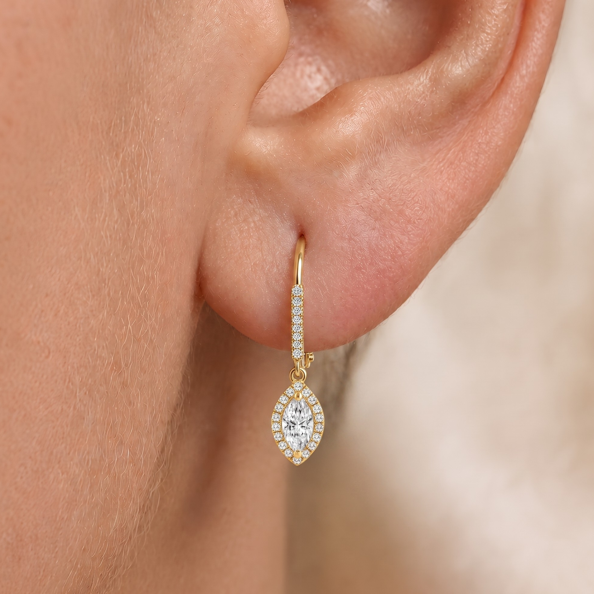 Marquise Halo Diamond Leverback Earrings In 14K Gold