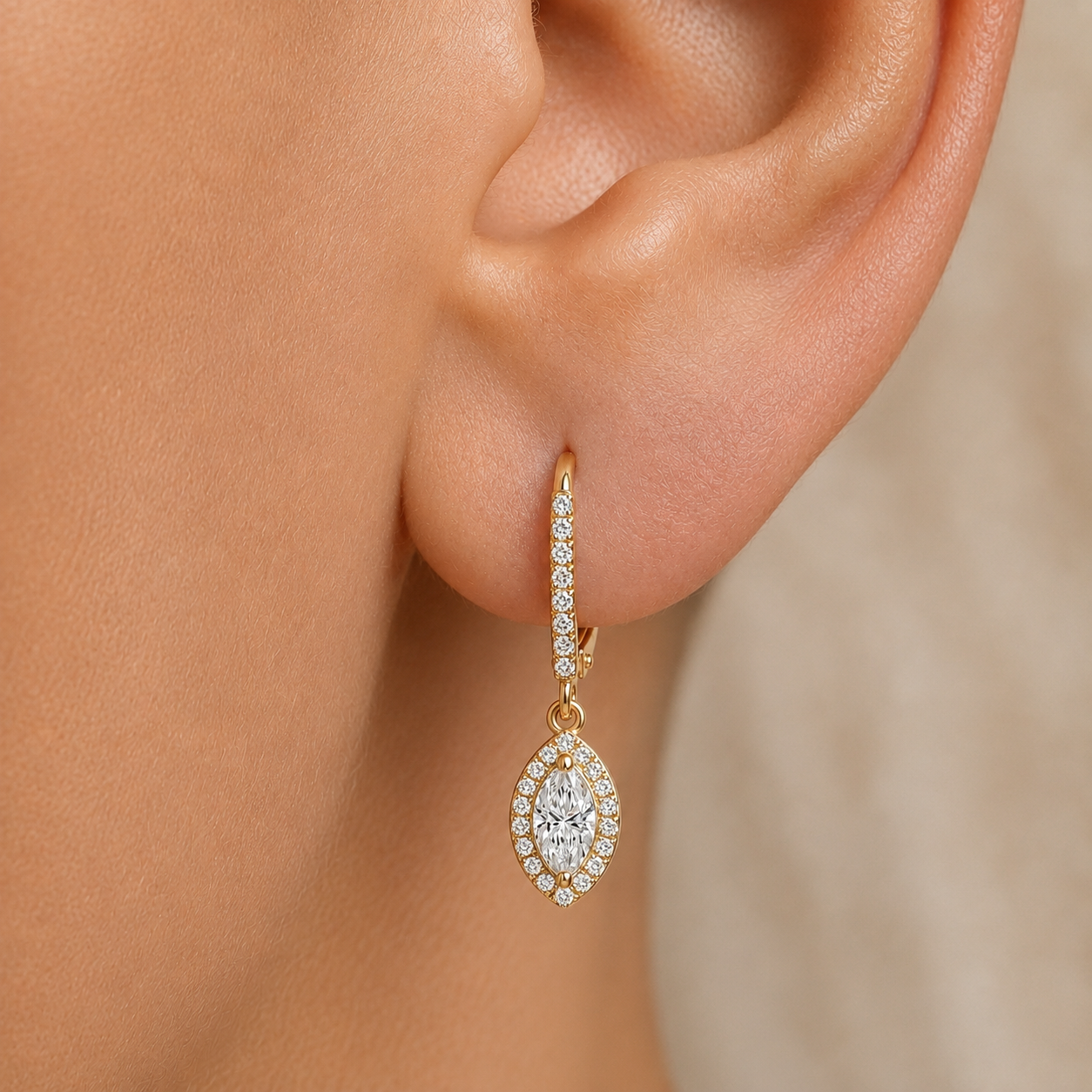 Marquise Halo Diamond Leverback Earrings In 14K Gold