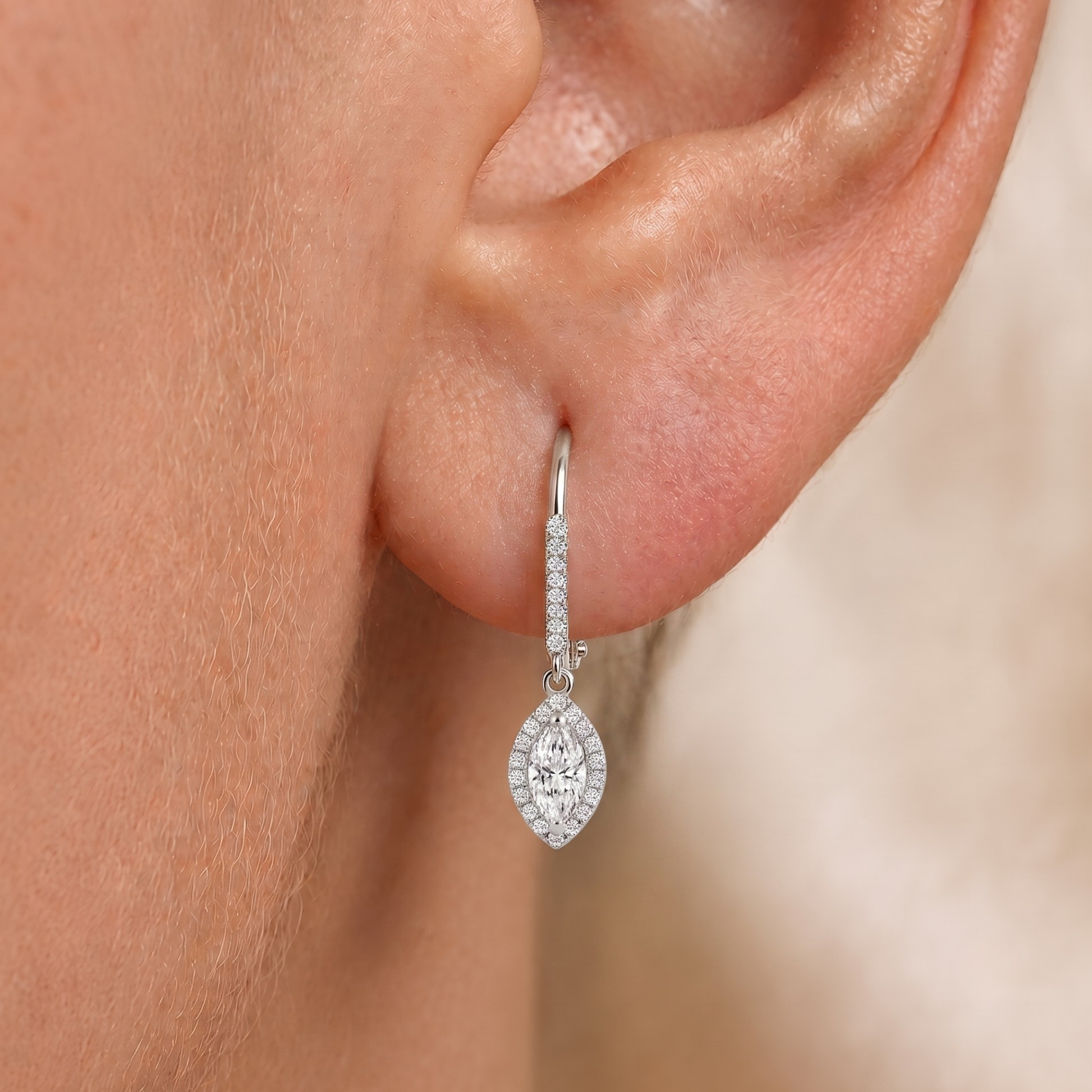 Marquise Halo Diamond Leverback Earrings In 14K Gold