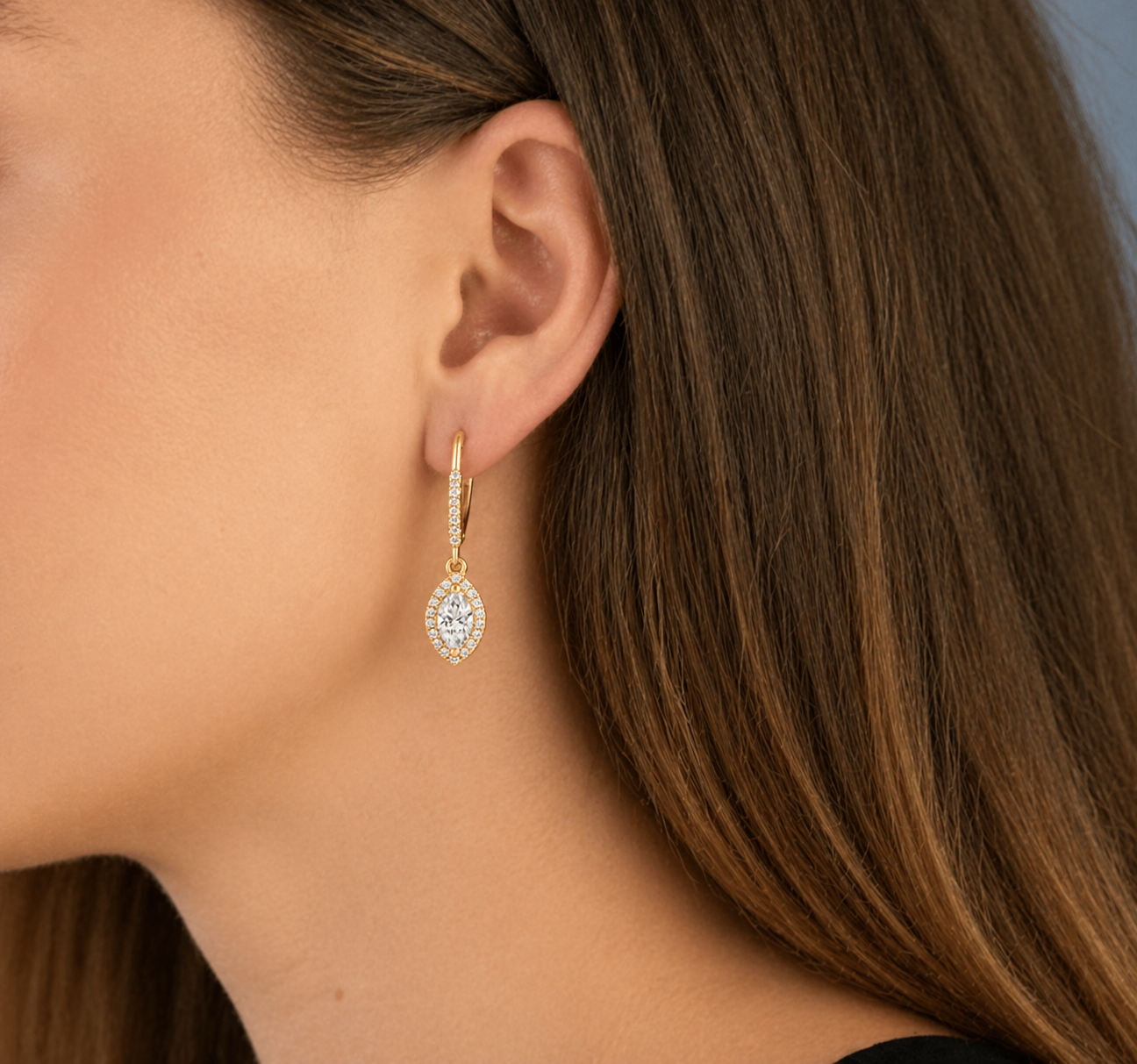 Marquise Halo Diamond Leverback Earrings In 14K Gold