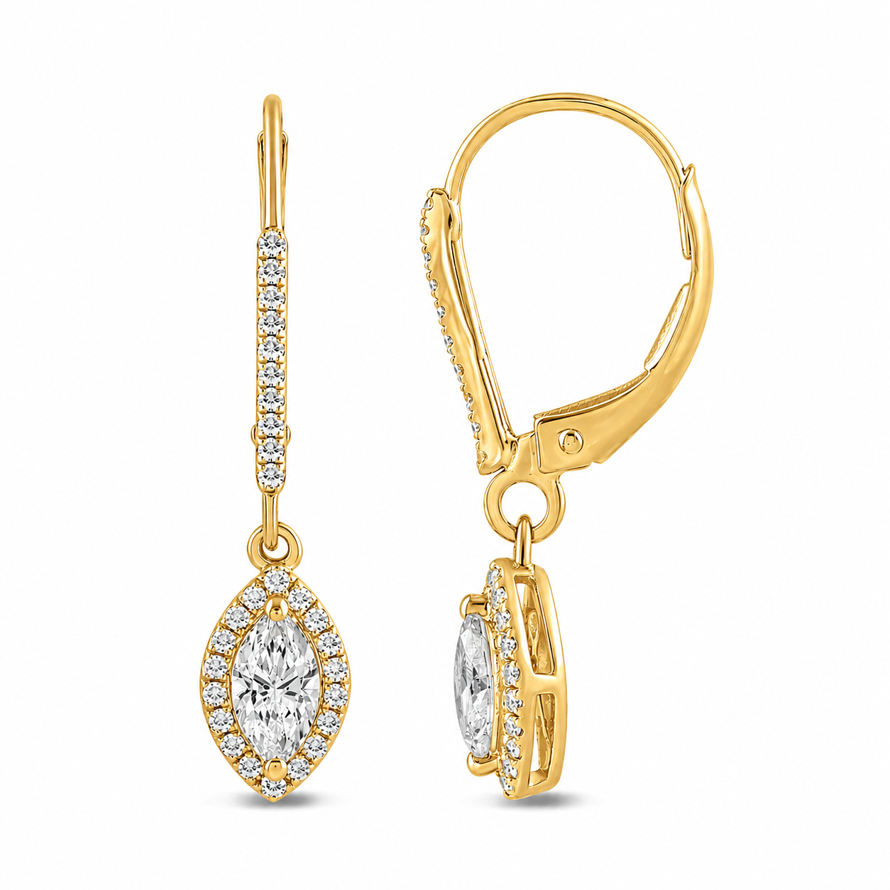 Marquise Halo Diamond Leverback Earrings In 14K Gold