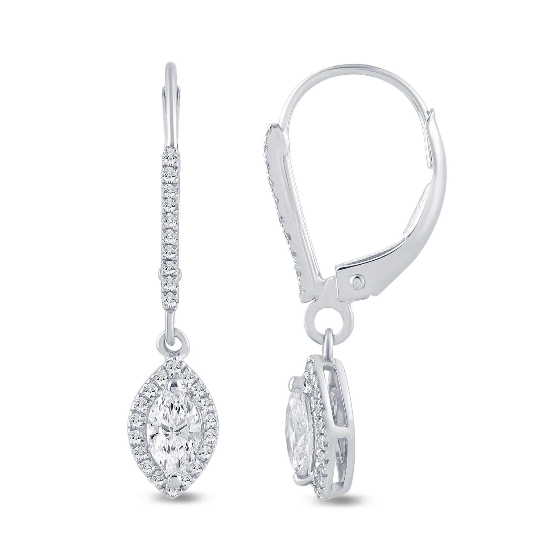 Marquise Halo Diamond Leverback Earrings In 14K Gold