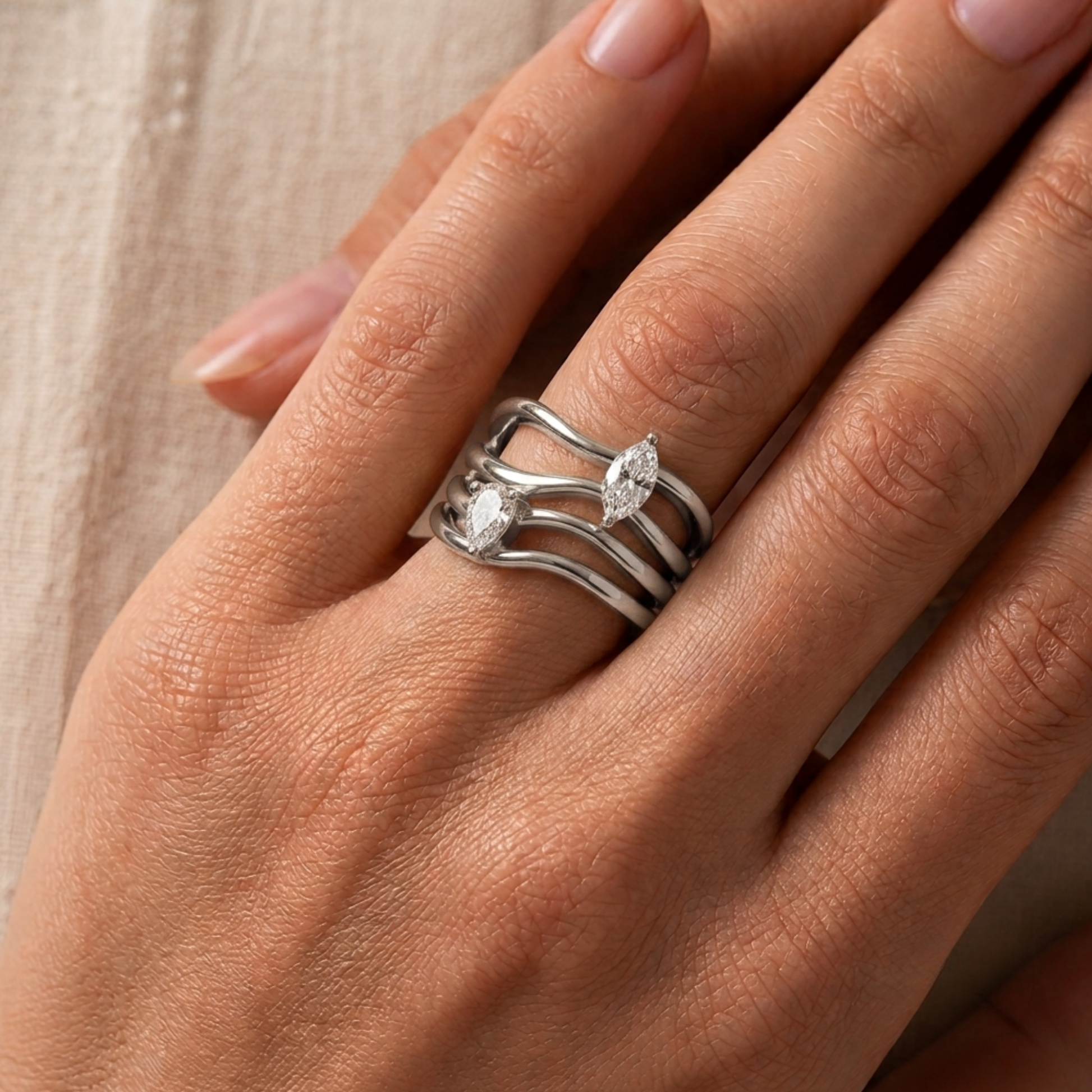 Marquise and Pear Diamond Multi-Band Ring in 14K Gold