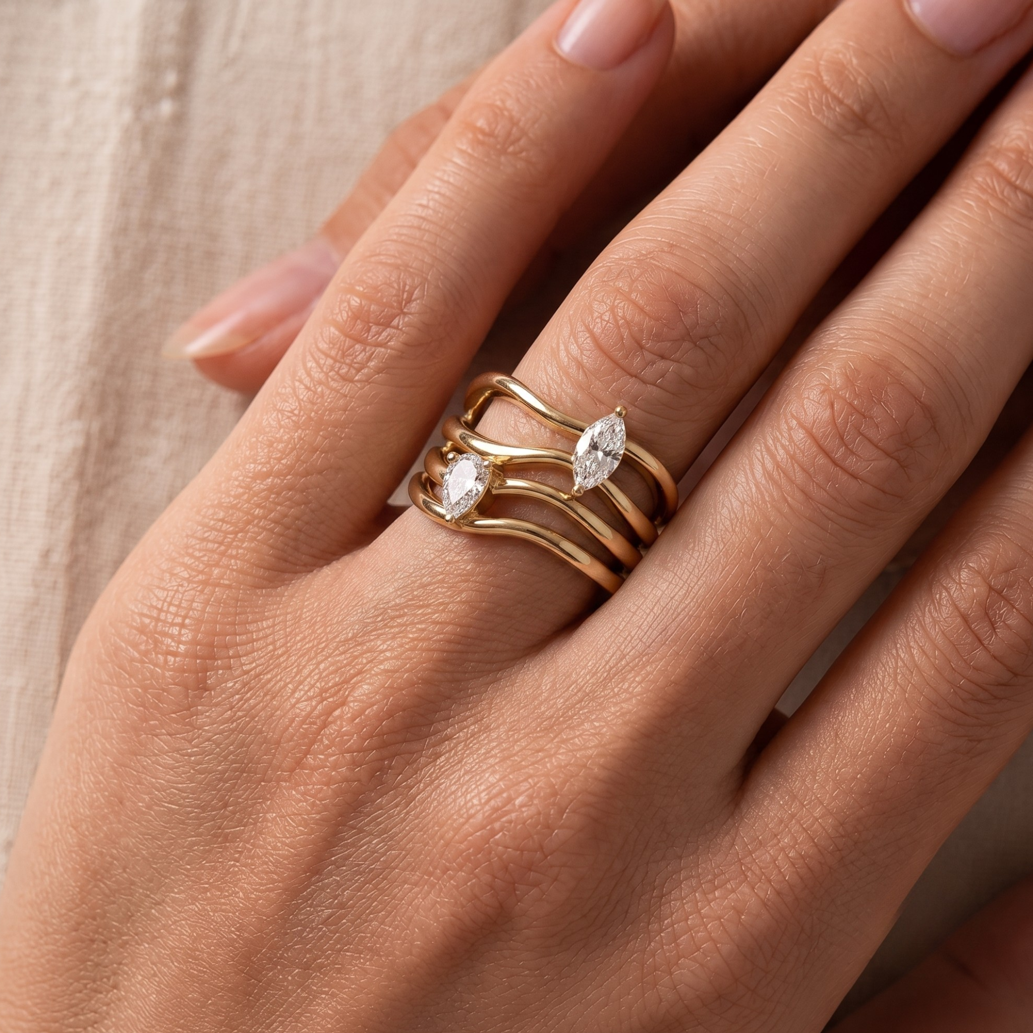 Marquise and Pear Diamond Multi-Band Ring in 14K Gold