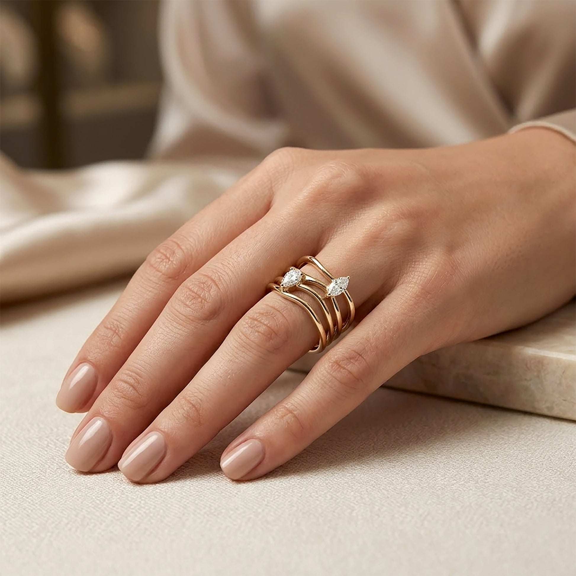 Marquise and Pear Diamond Multi-Band Ring in 14K Gold