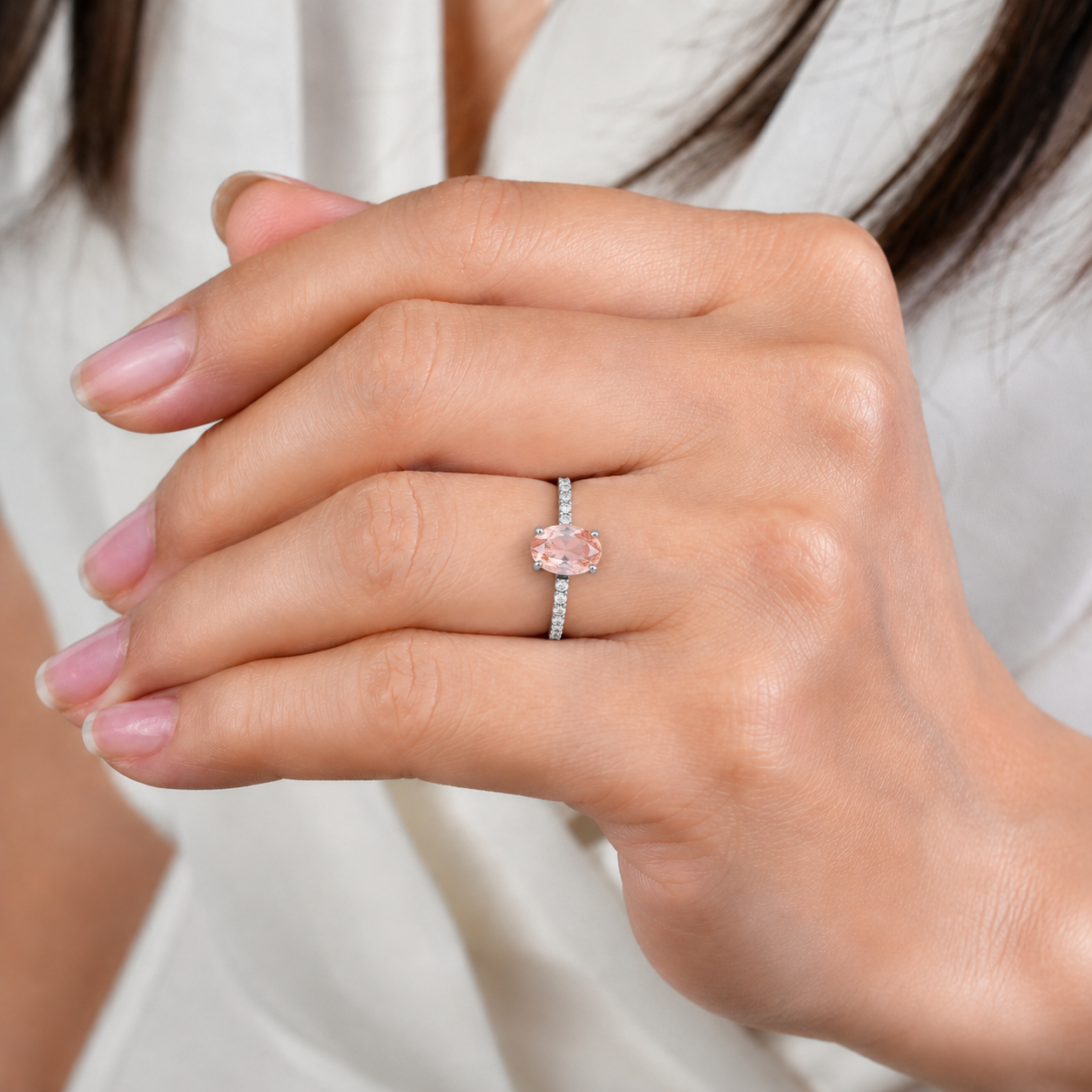 Morganite Oval Shaped Diamond Ring In 14K Gold