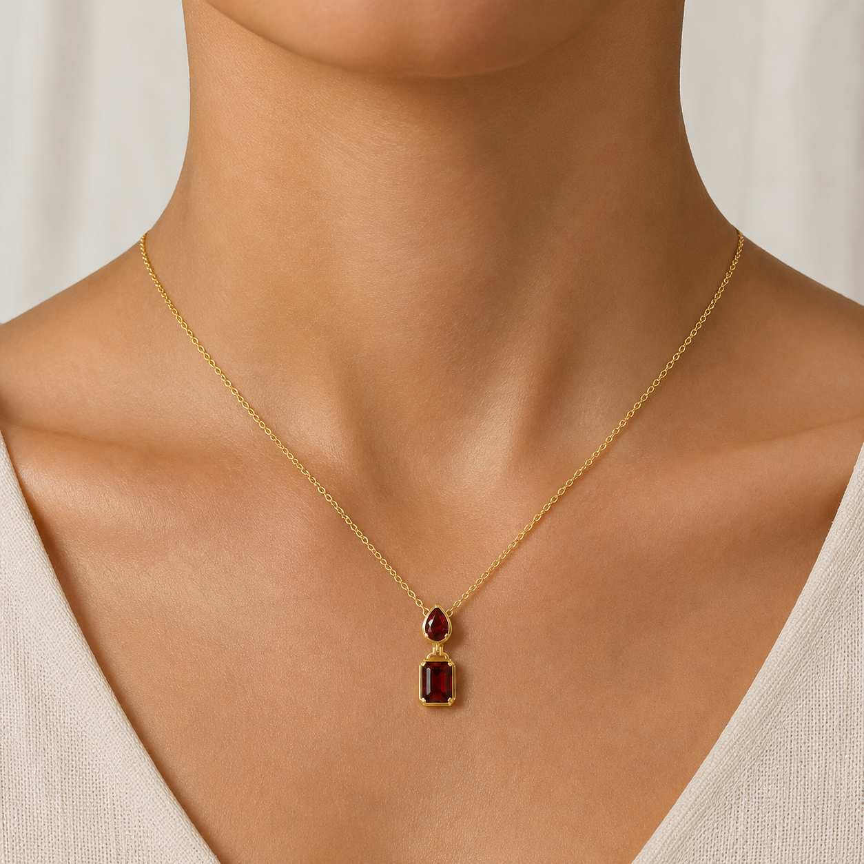 Multi Shape Garnet Pendant Necklace In 14K Gold