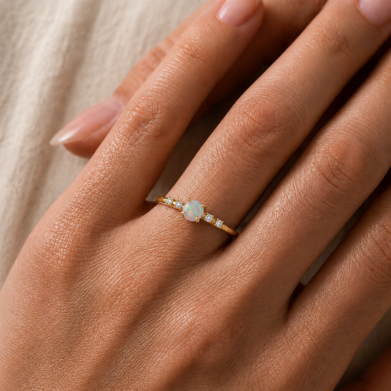 Opal & Diamond Stackable Ring in 14K Gold