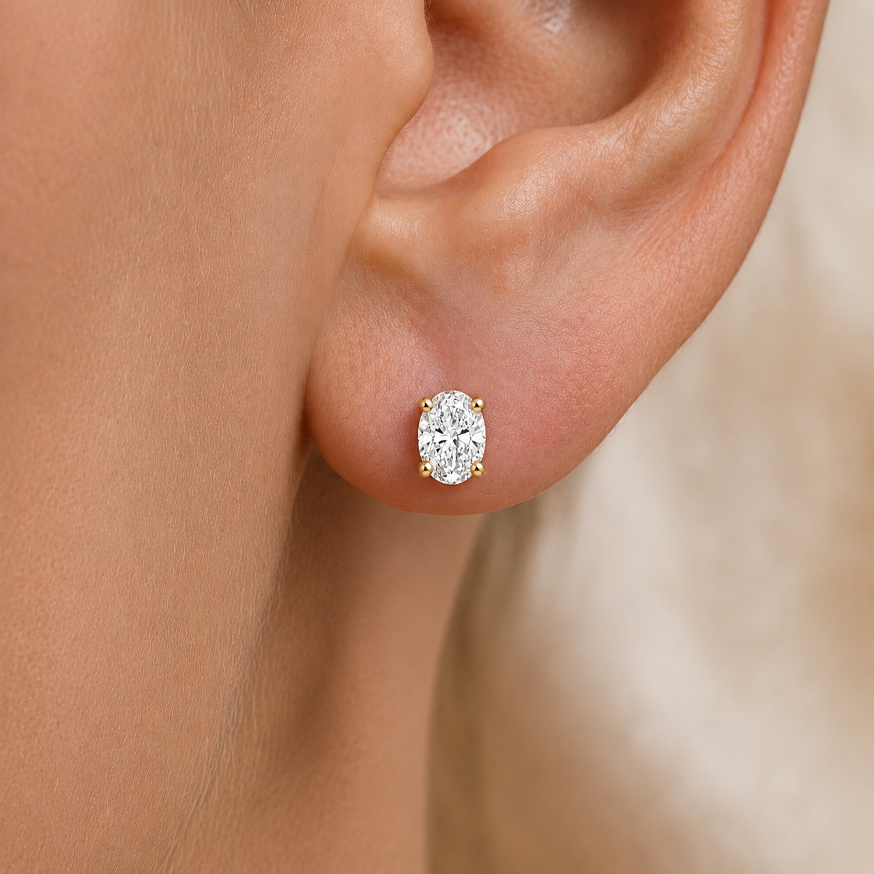 Oval Natural Diamond Stud Earrings in 14K Gold