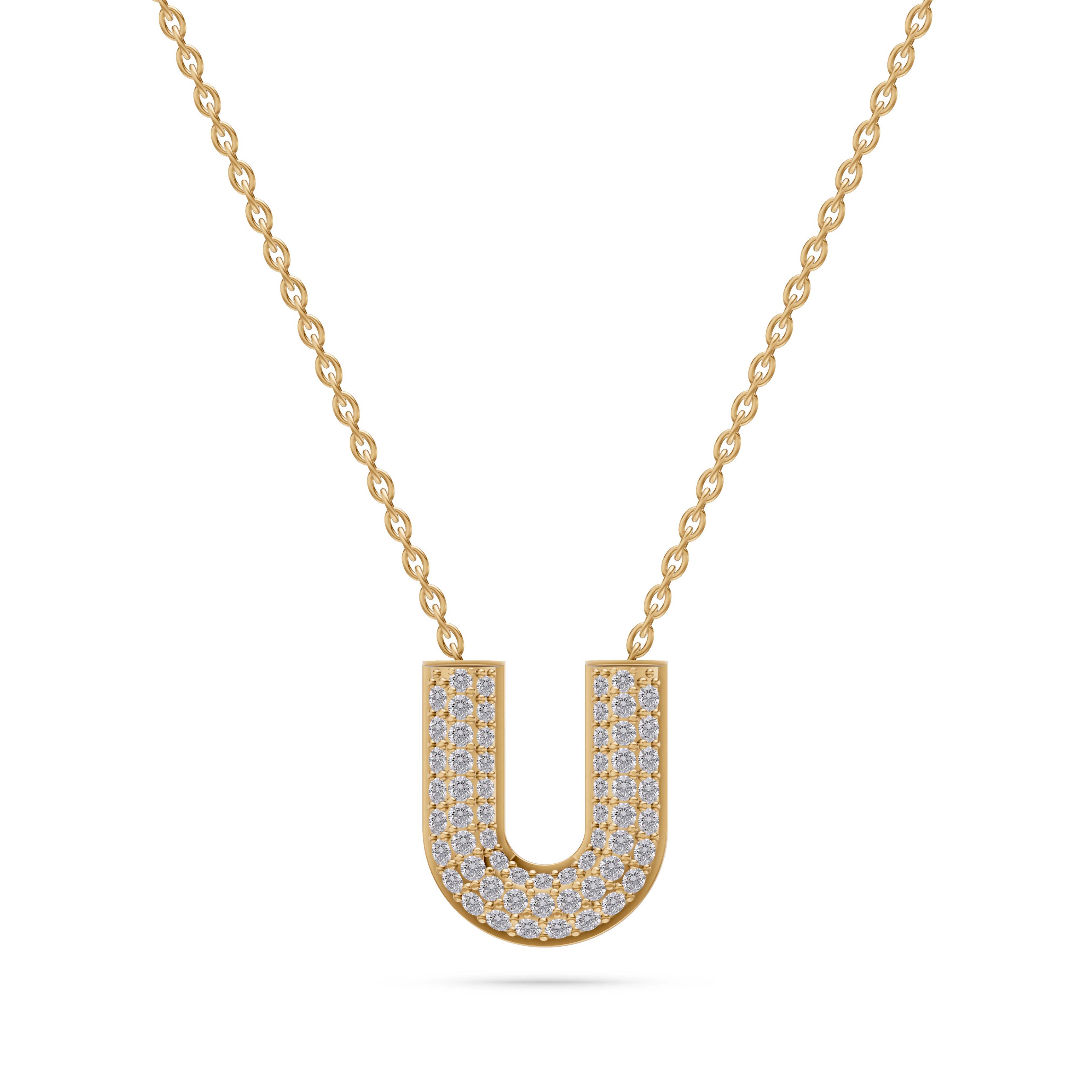 Pave Diamond Initial Necklace Letter U In 14K Gold