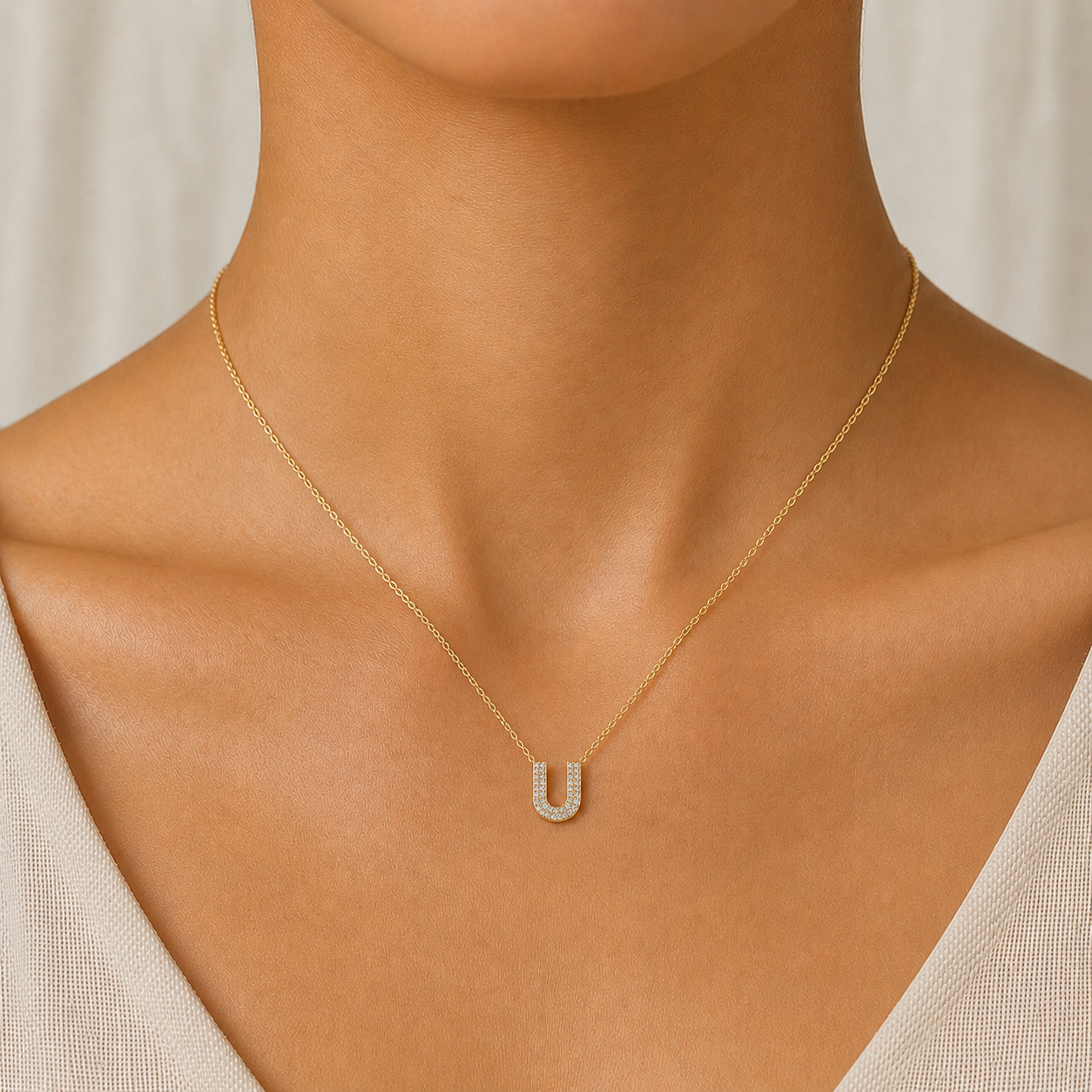 Pave Diamond Initial Necklace Letter U In 14K Gold