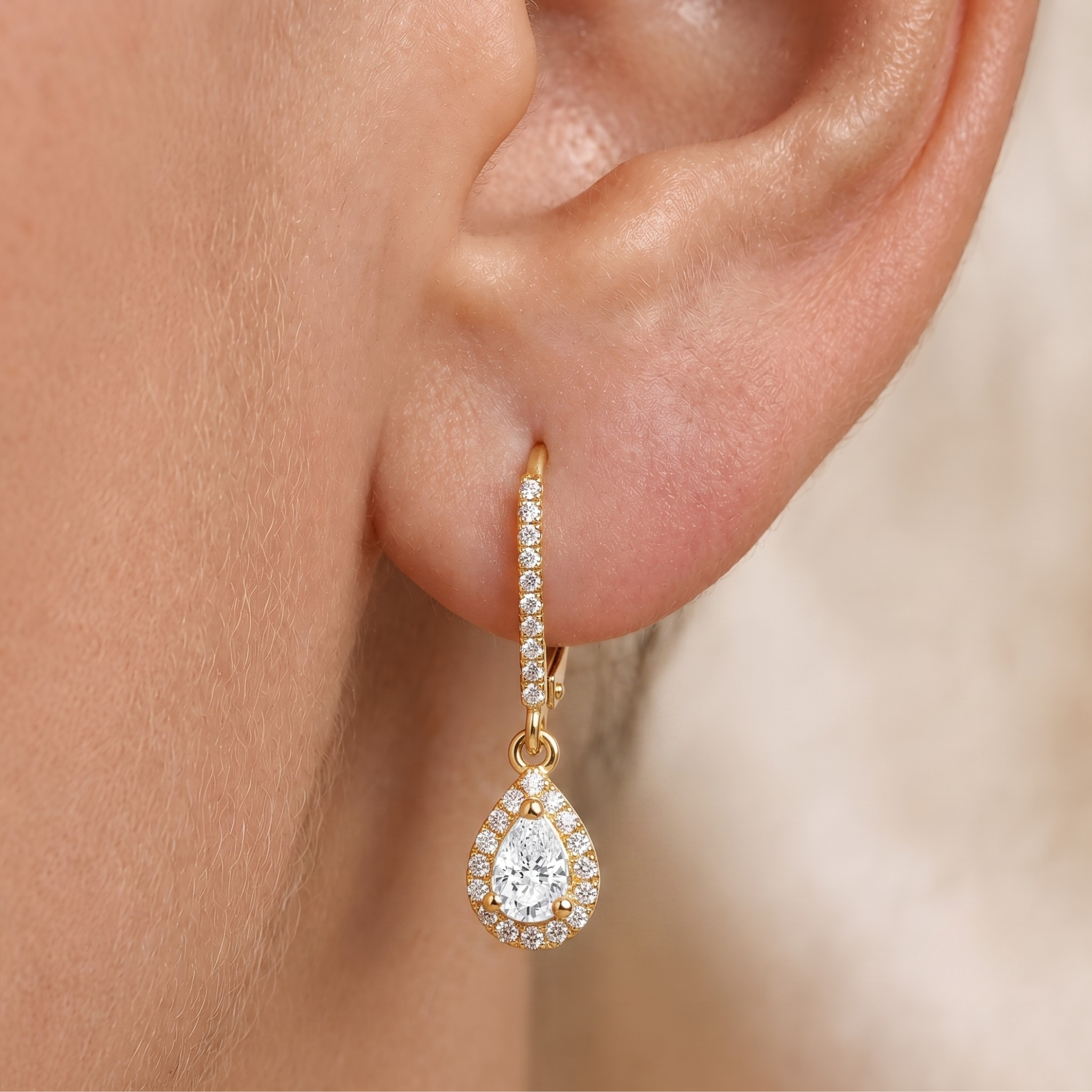 Pear Halo Natural Diamond Earrings In 14K Gold