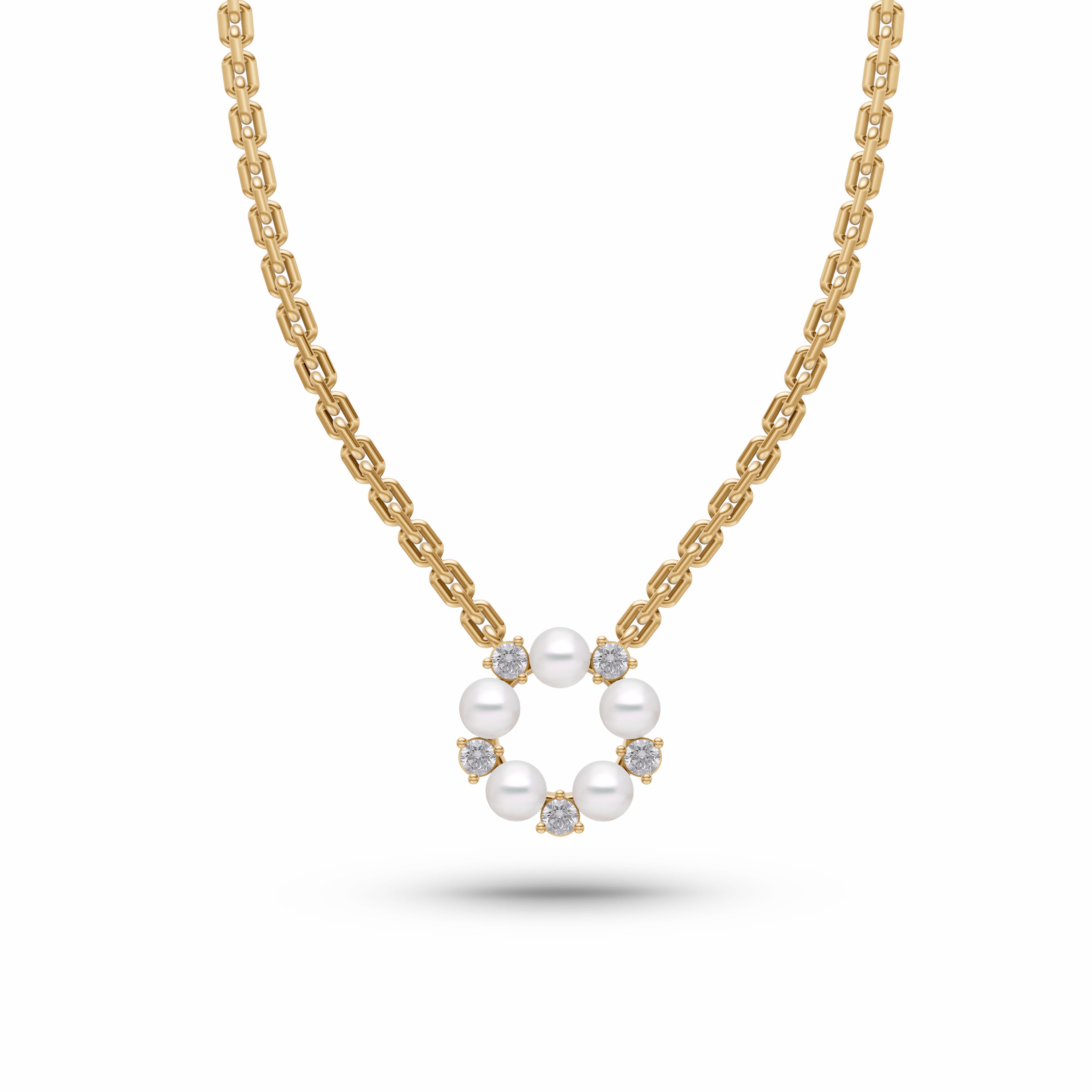 Pearl & Diamond Round Necklace In 14K Gold