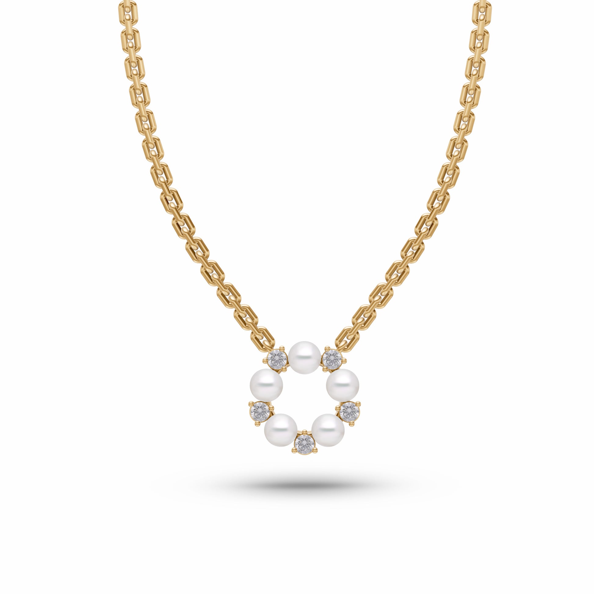 Pearl & Diamond Round Necklace In 14K Gold