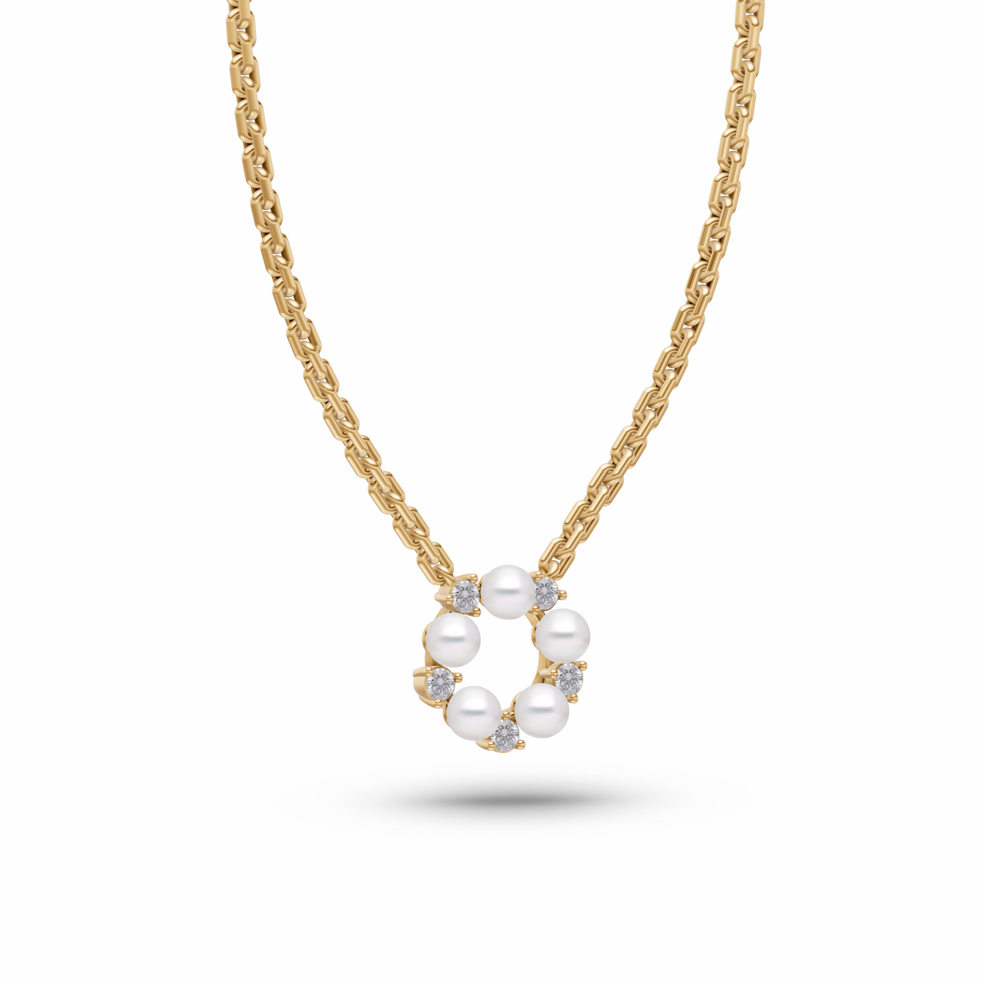 Pearl & Diamond Round Necklace In 14K Gold