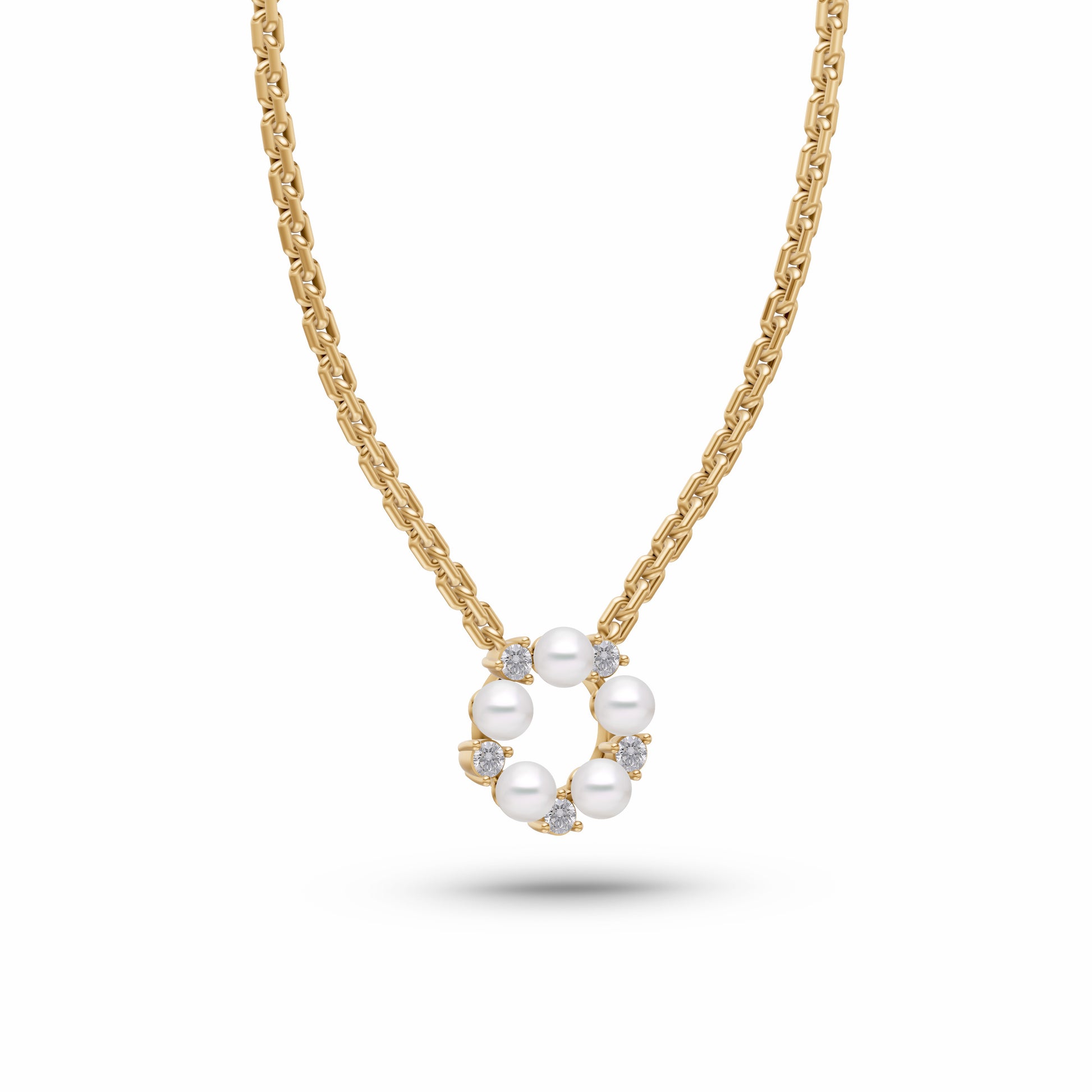 Pearl & Diamond Round Necklace In 14K Gold