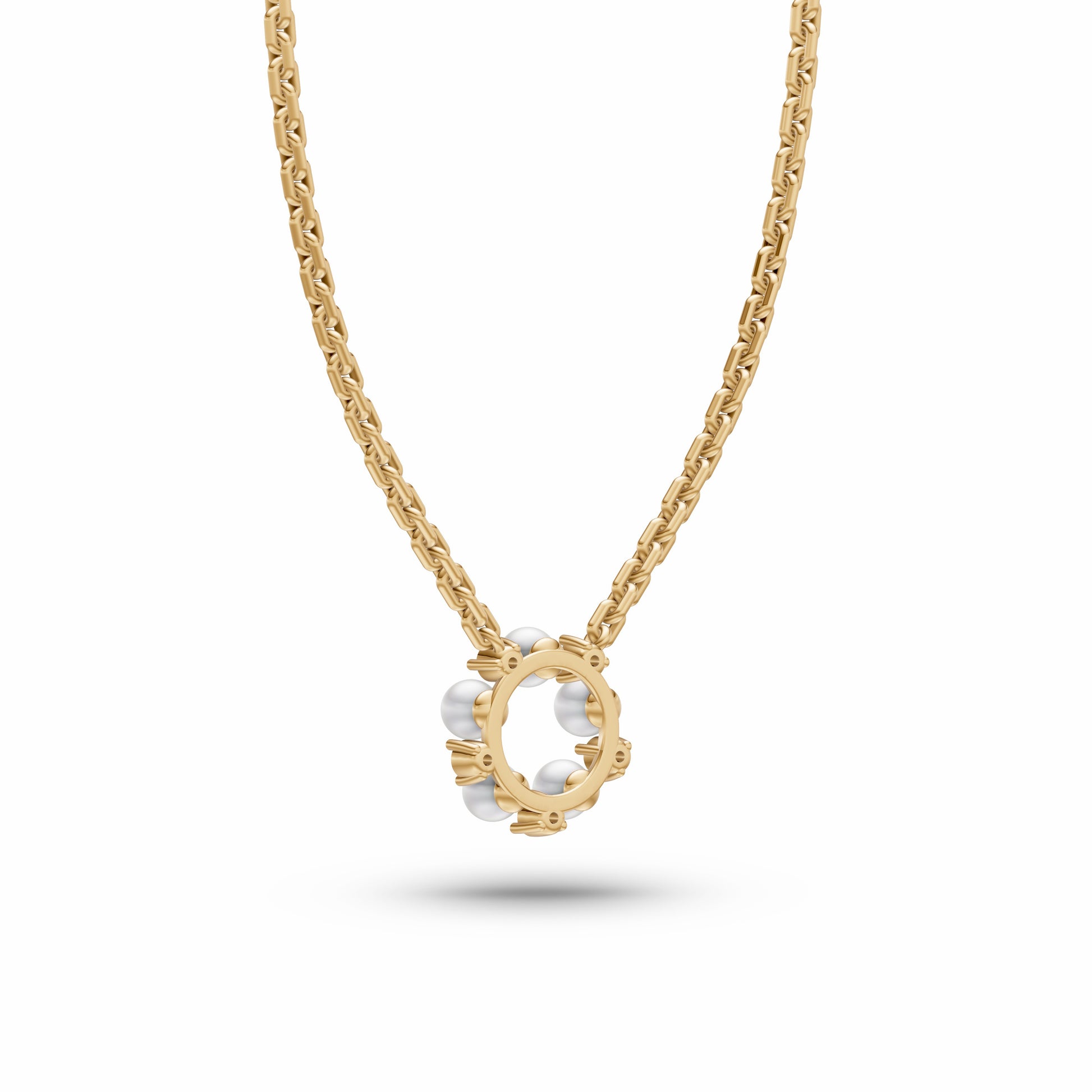 Pearl & Diamond Round Necklace In 14K Gold