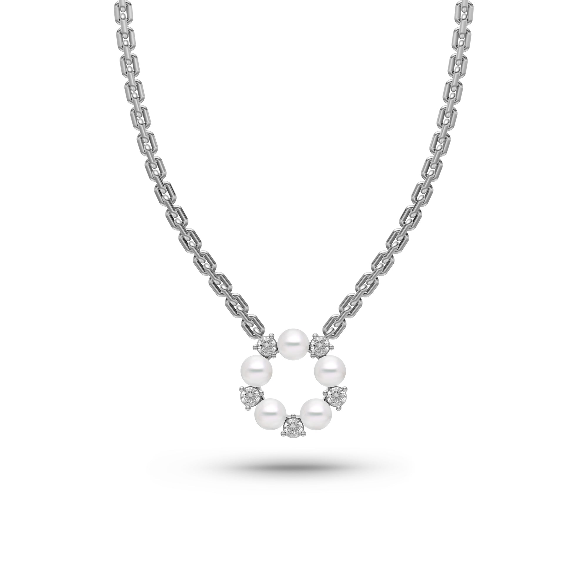 Pearl & Diamond Round Necklace In 14K Gold