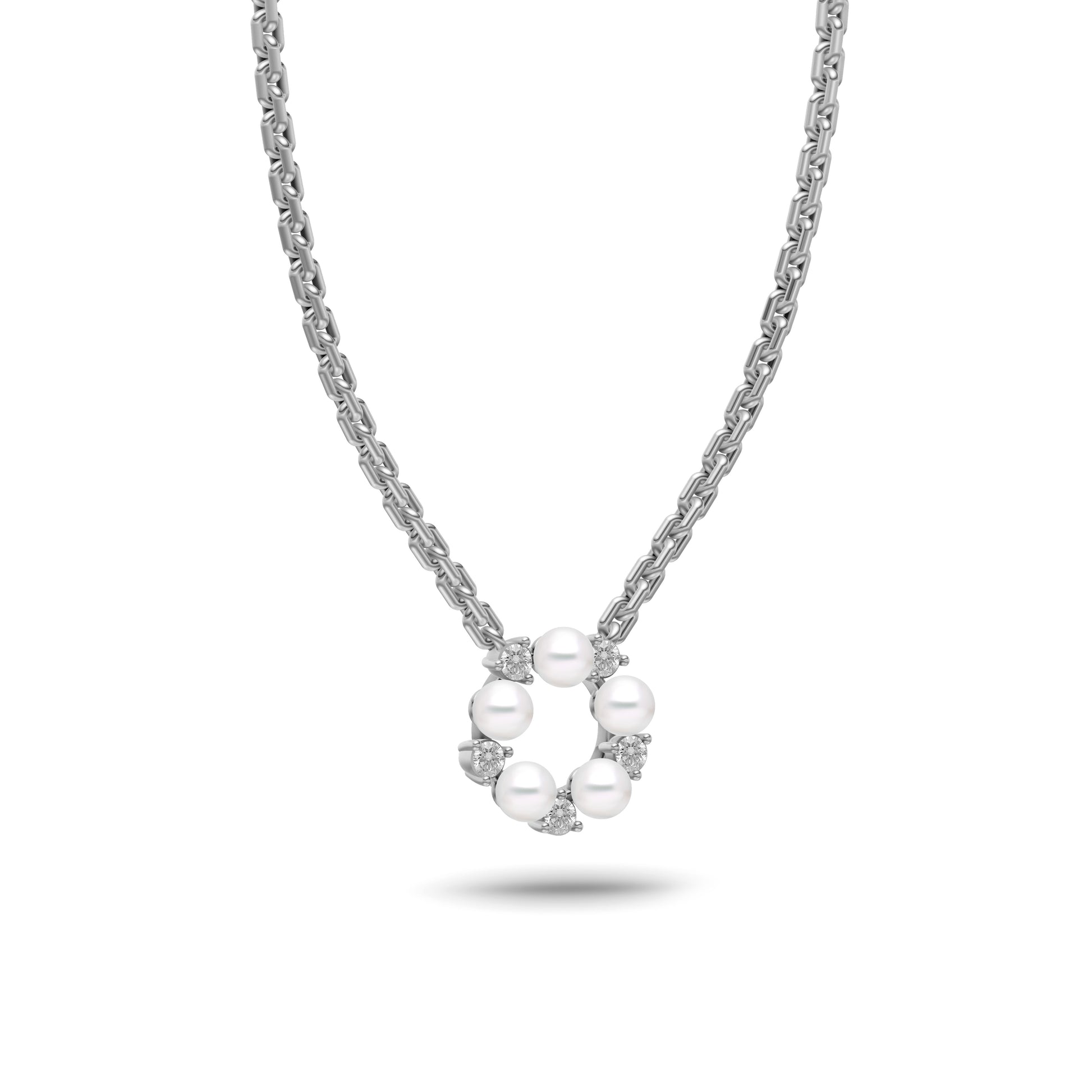 Pearl & Diamond Round Necklace In 14K Gold