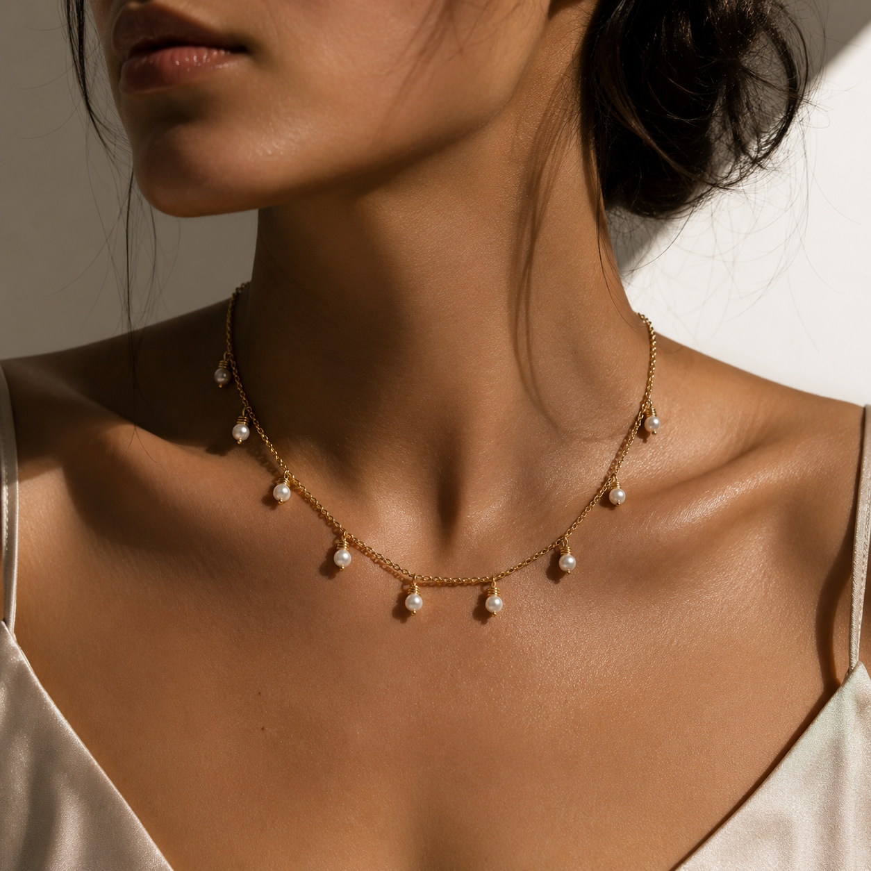 Cultured Freshwater Pearl Station Necklace in 14K Gold
