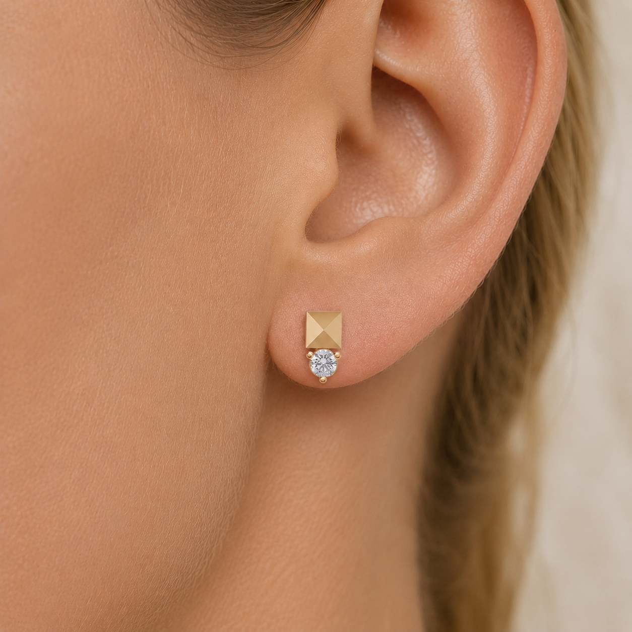Pyramid Diamond Stud Earrings in 14K Gold