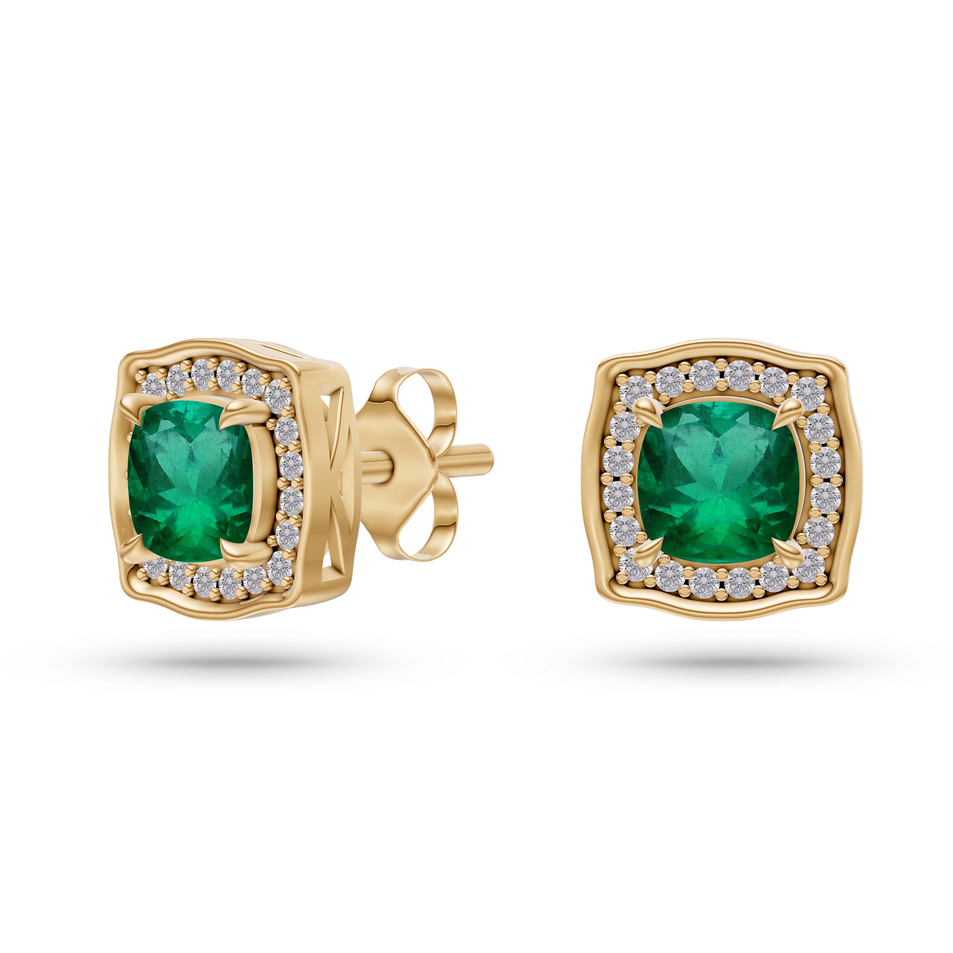 Emerald Cushion Regal Earrings in 14K Gold