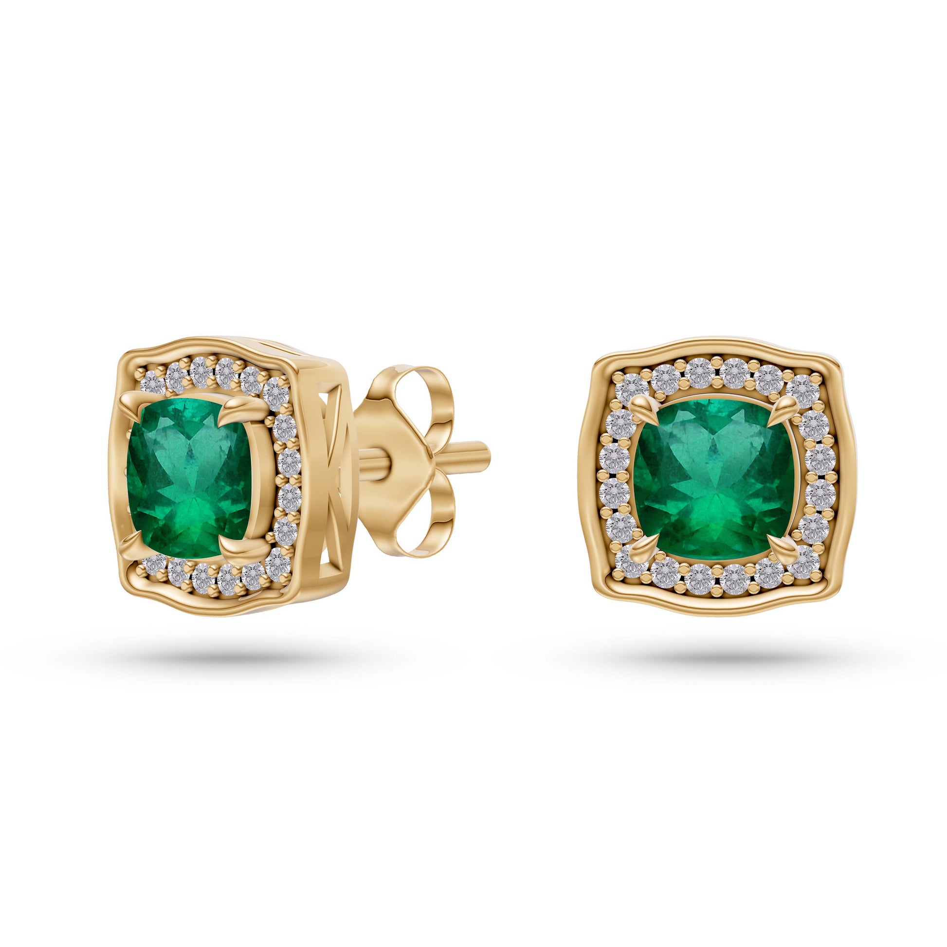 Regal Emerald Cushion Earrings in 14K Gold