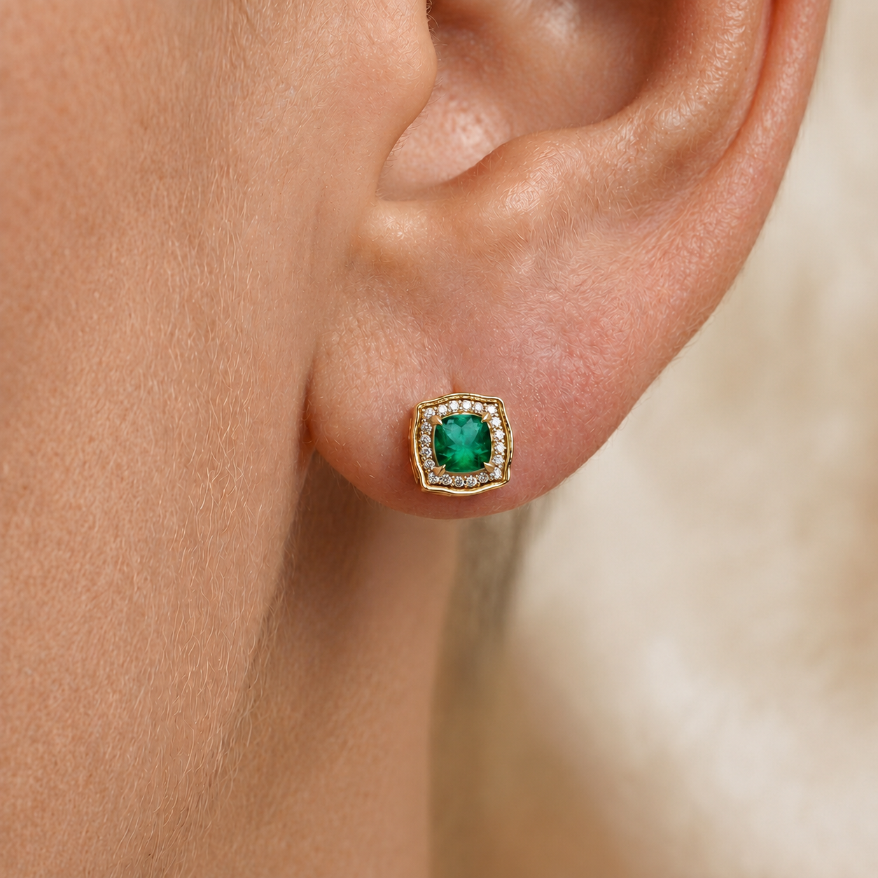 Regal Emerald Cushion Earrings in 14K Gold