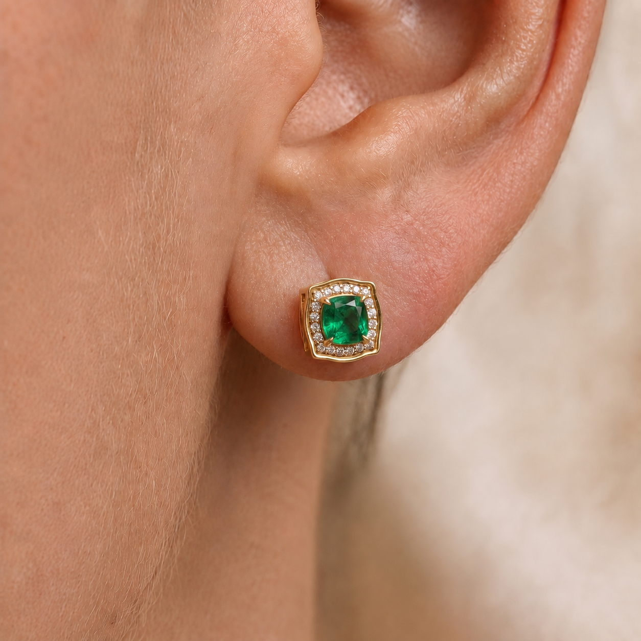 Emerald Cushion Regal Earrings in 14K Gold