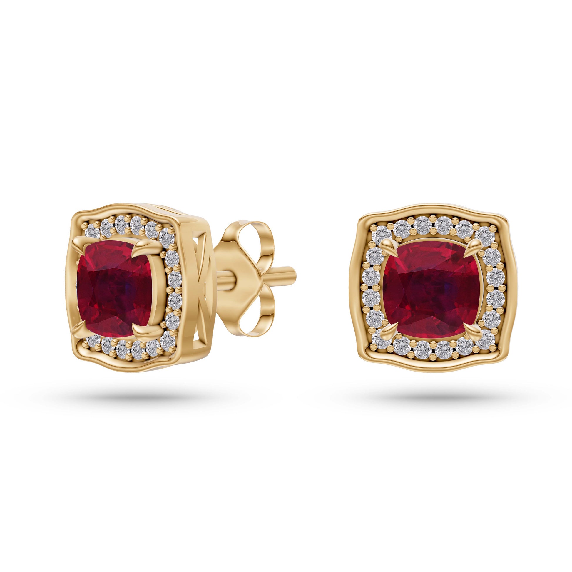 Regal Ruby Cushion Earrings in 14K Gold