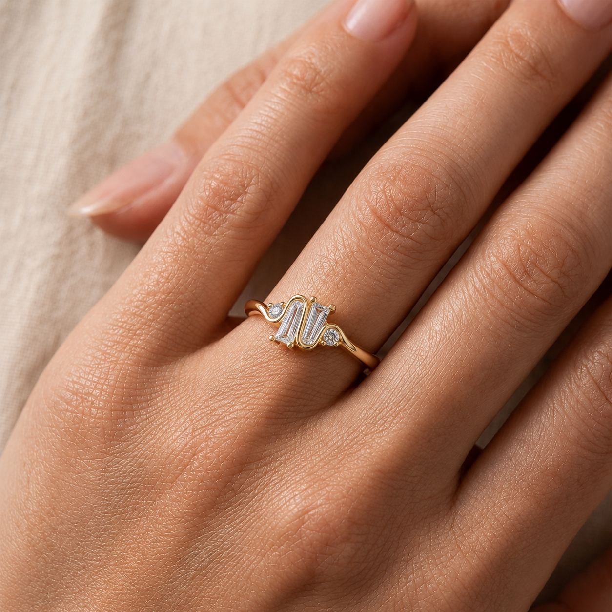 Ribbon Style Baguette Diamond Ring In 14K Gold