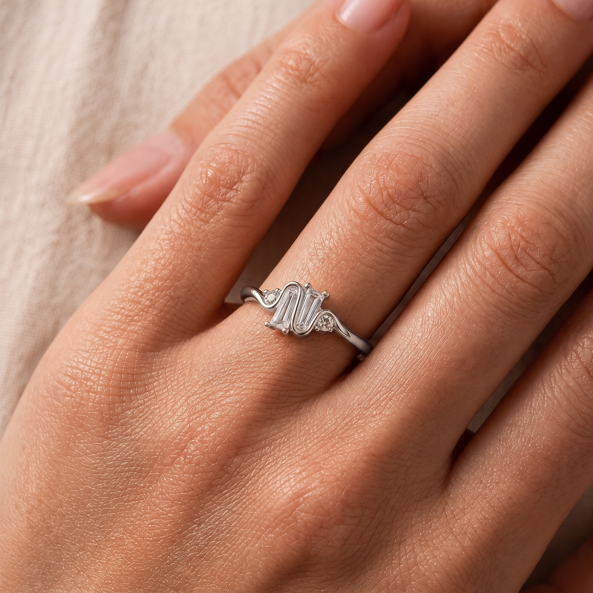 Ribbon Style Baguette Diamond Ring In 14K Gold