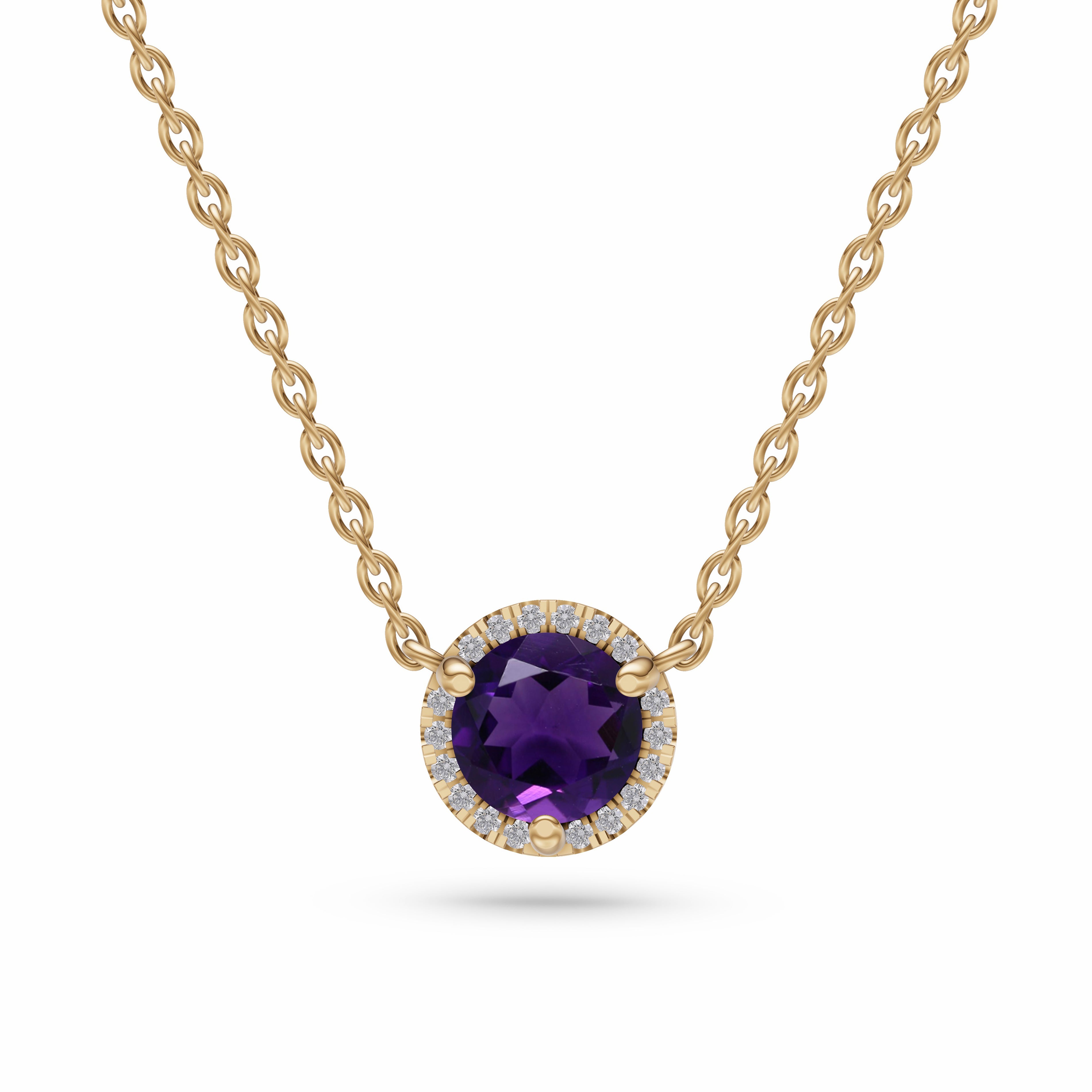 Round Amethyst Diamond Necklace In 14K Gold