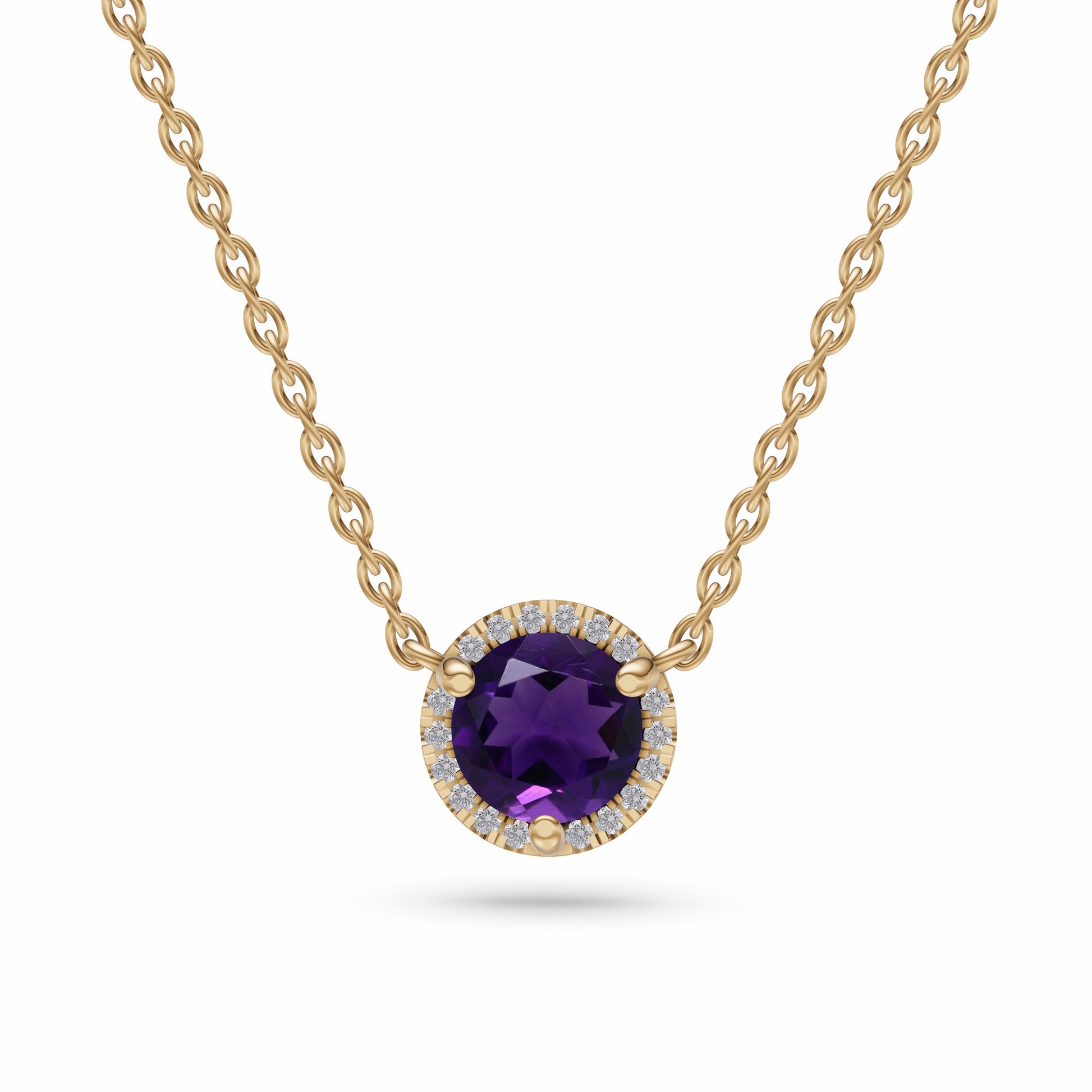 Round Amethyst Diamond Necklace In 14K Gold