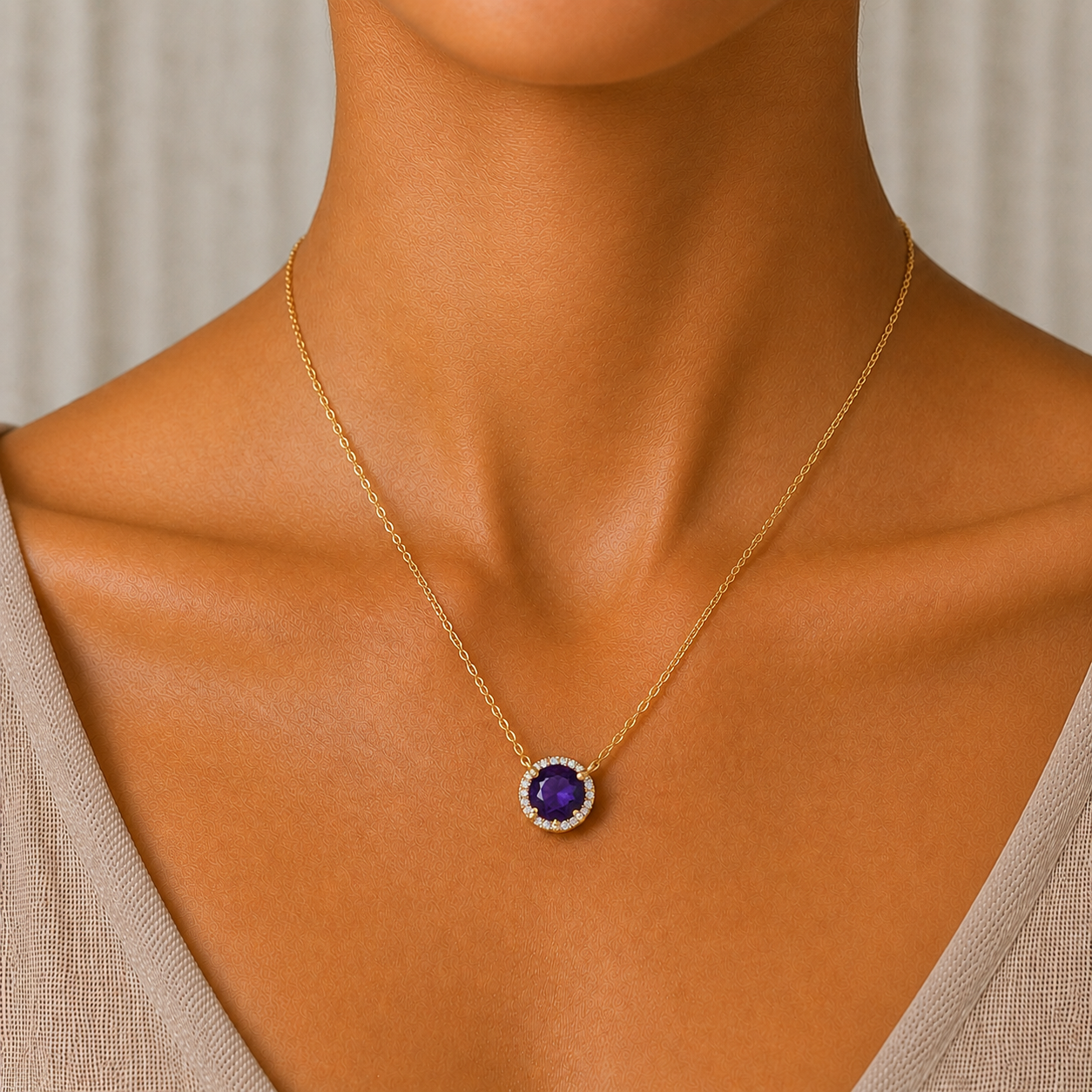 Round Amethyst Diamond Necklace In 14K Gold