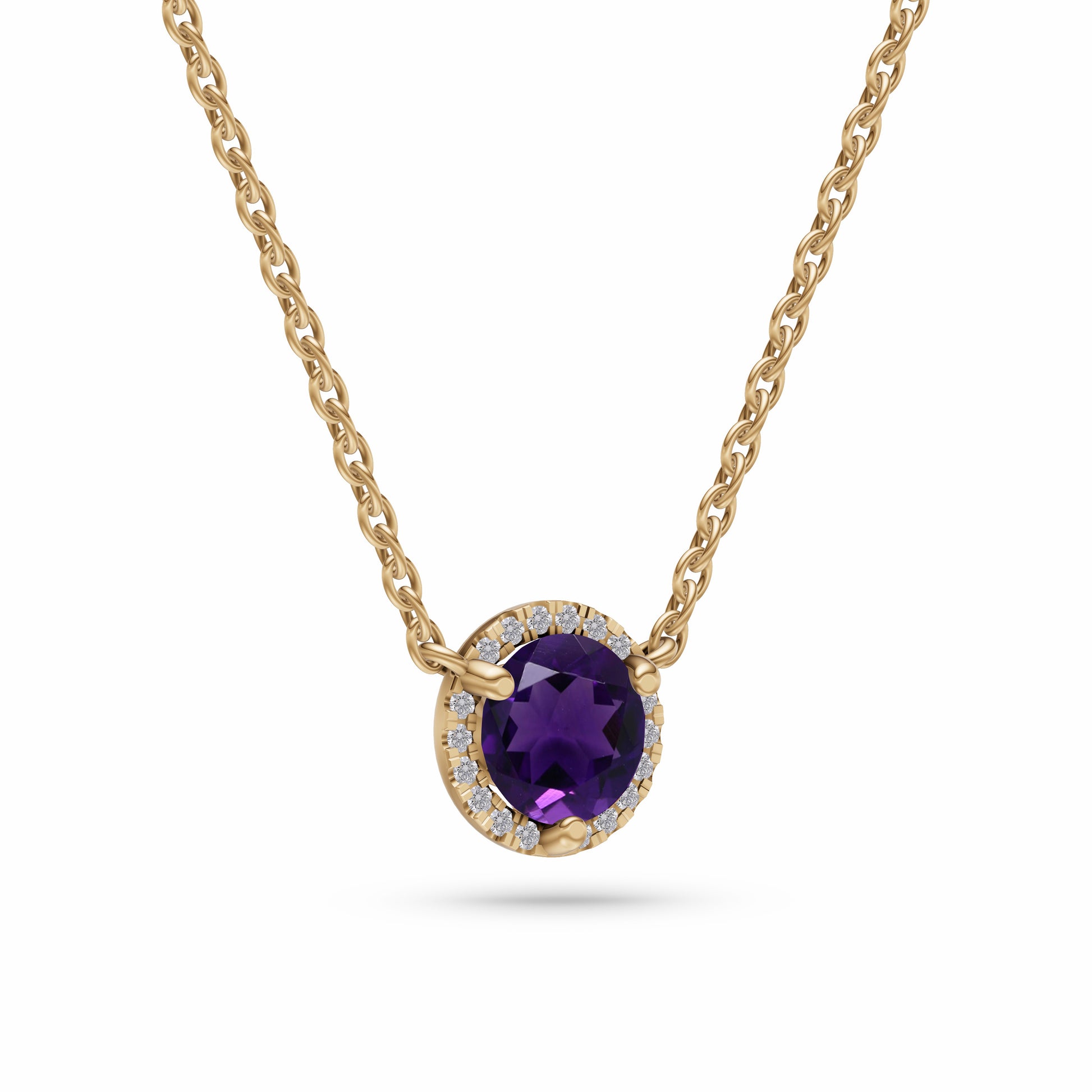 Round Amethyst Diamond Necklace In 14K Gold