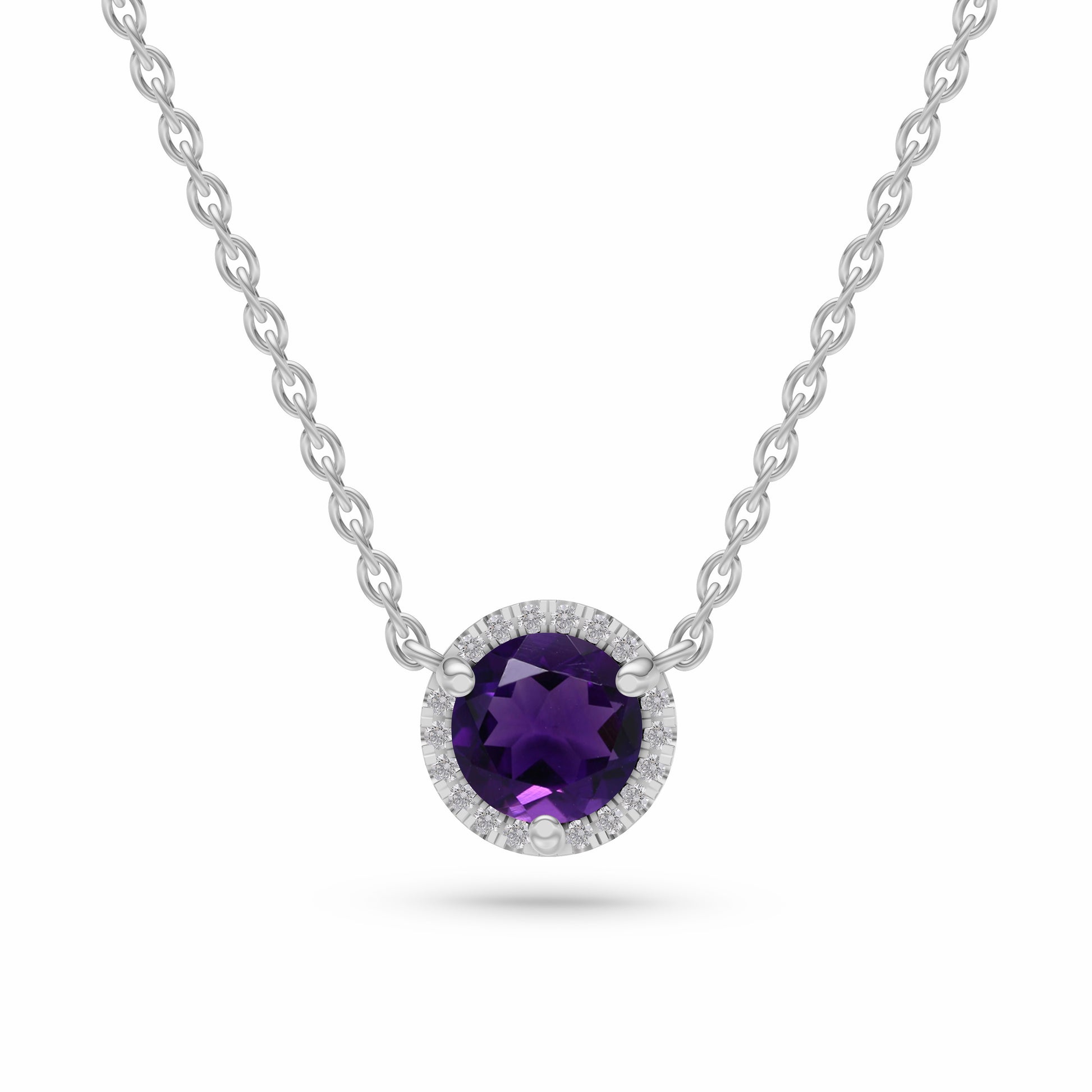 Round Amethyst Diamond Necklace In 14K Gold