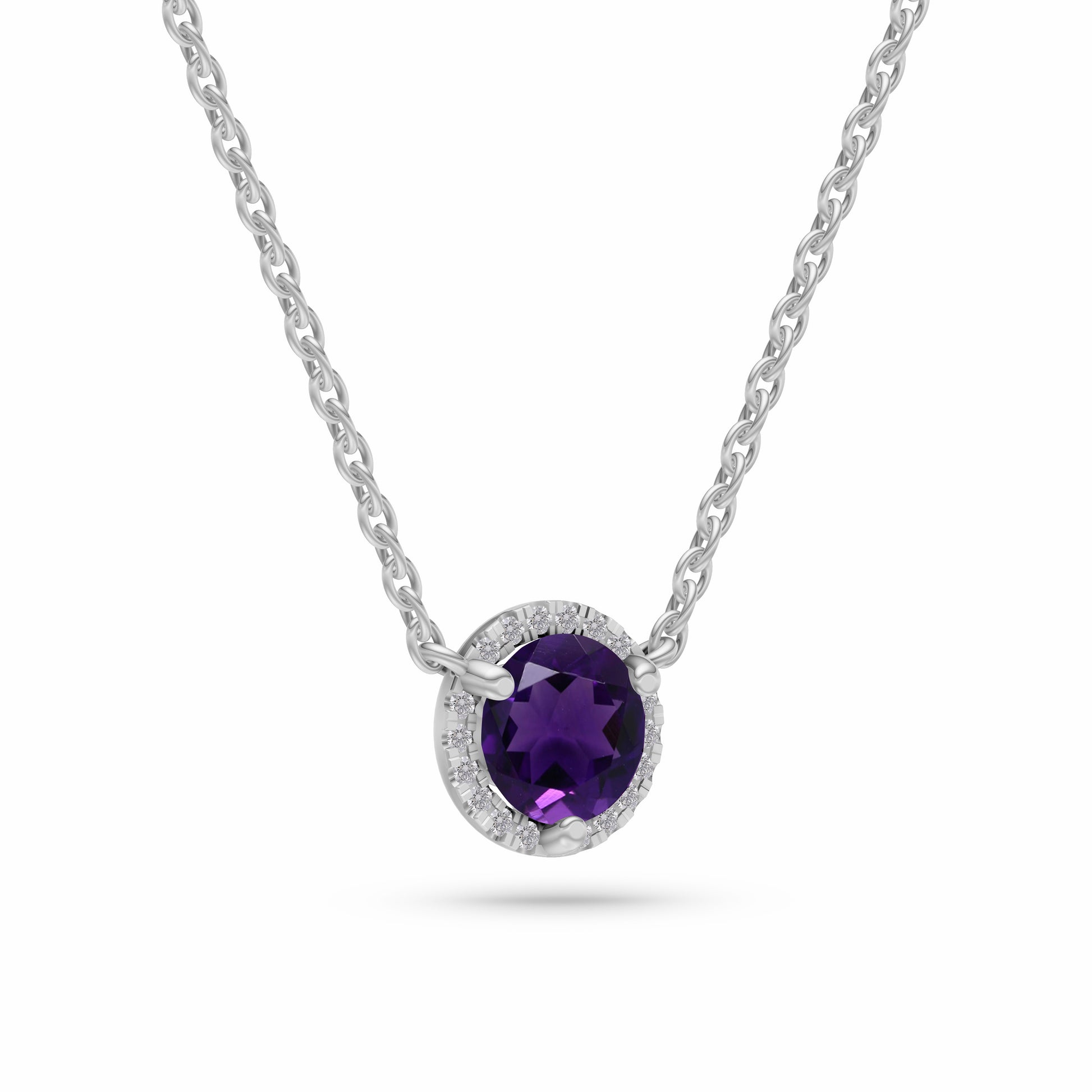 Round Amethyst Diamond Necklace In 14K Gold